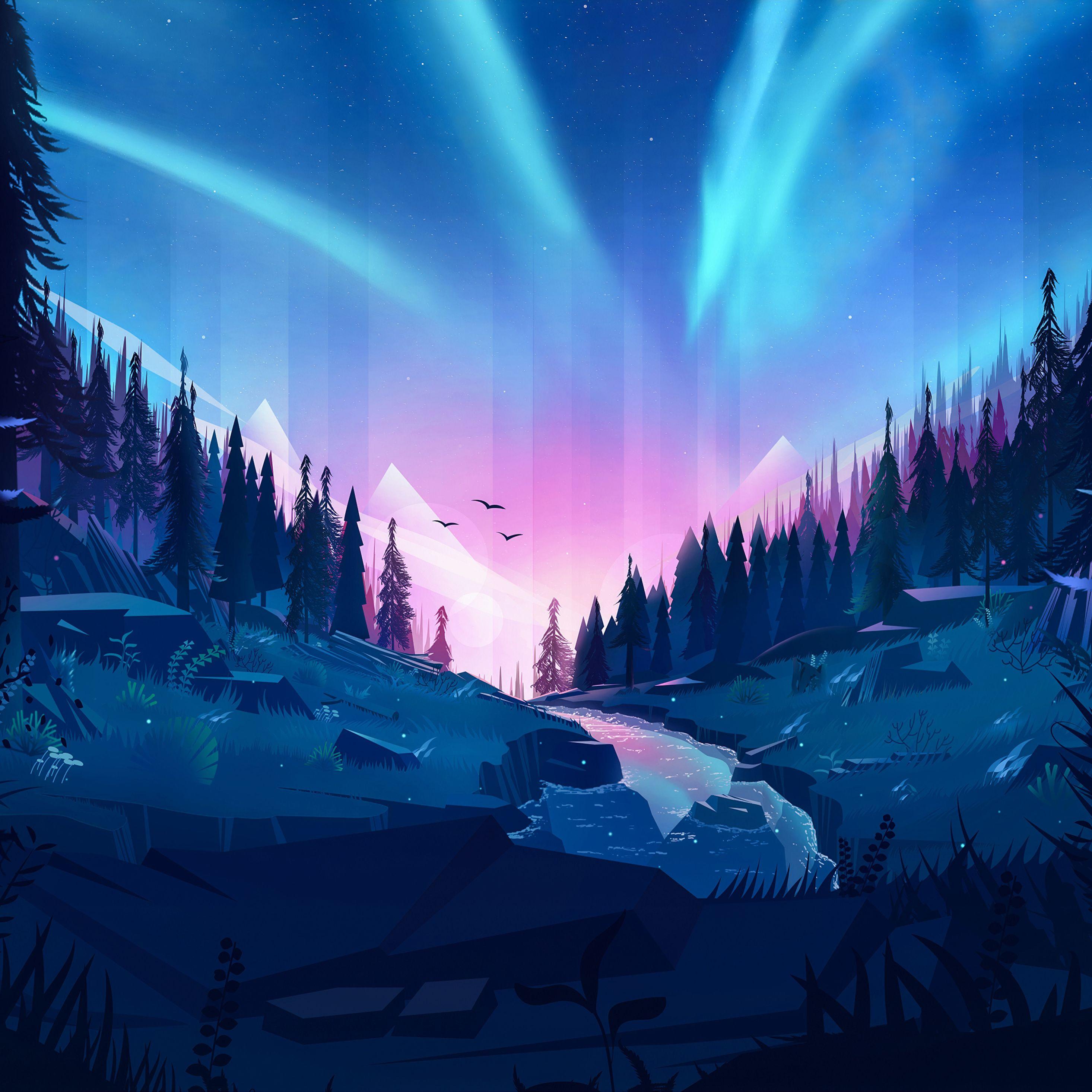2932x2932 Auroral Forest 4k Illustration iPad Pro Retina