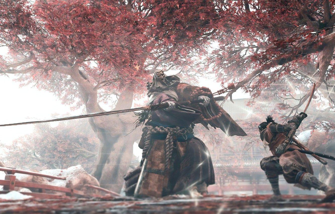 1332x850 Wallpaper leaves, the game, Japan, wolf, sword, battle