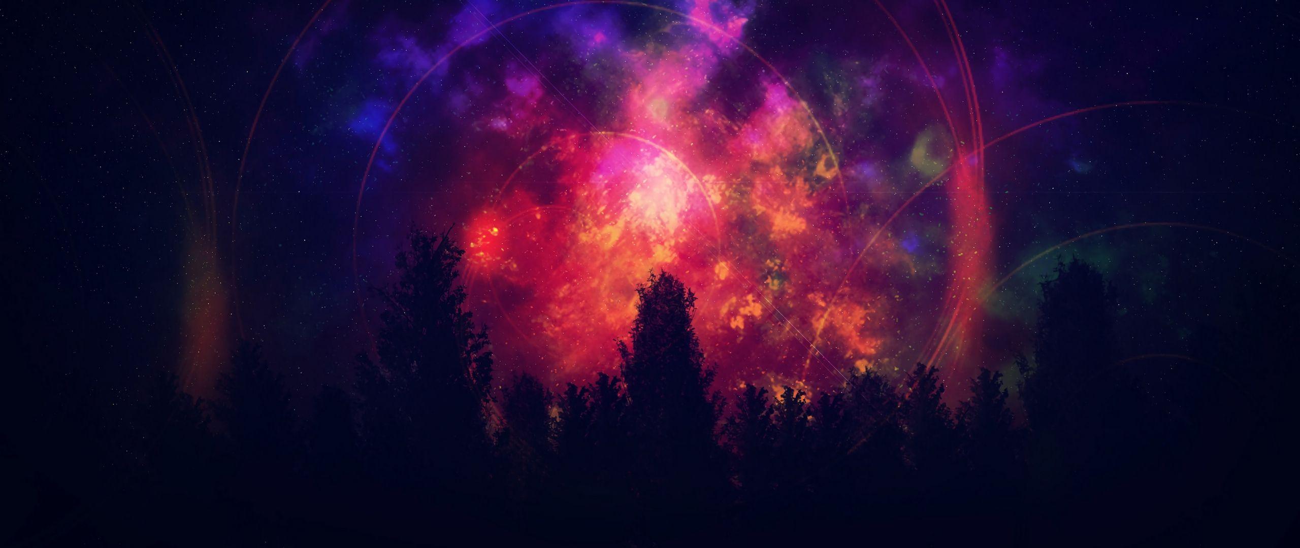 2560x1080 Download wallpaper 2560x1080 tree, starry sky, colorful