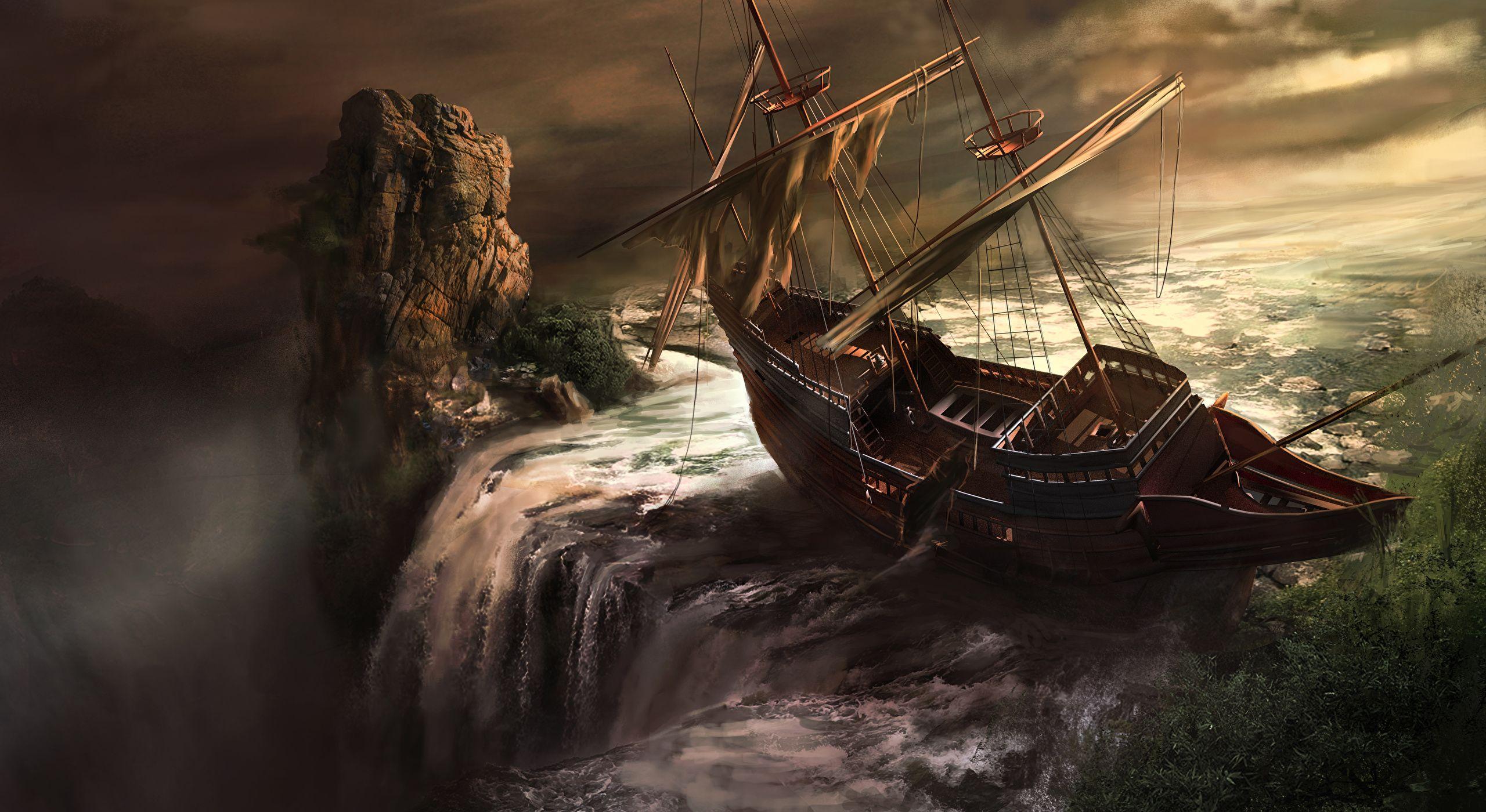 2560x1400 Picture Waterfalls ship Sailing Pictorial art Painting 2560x1400
