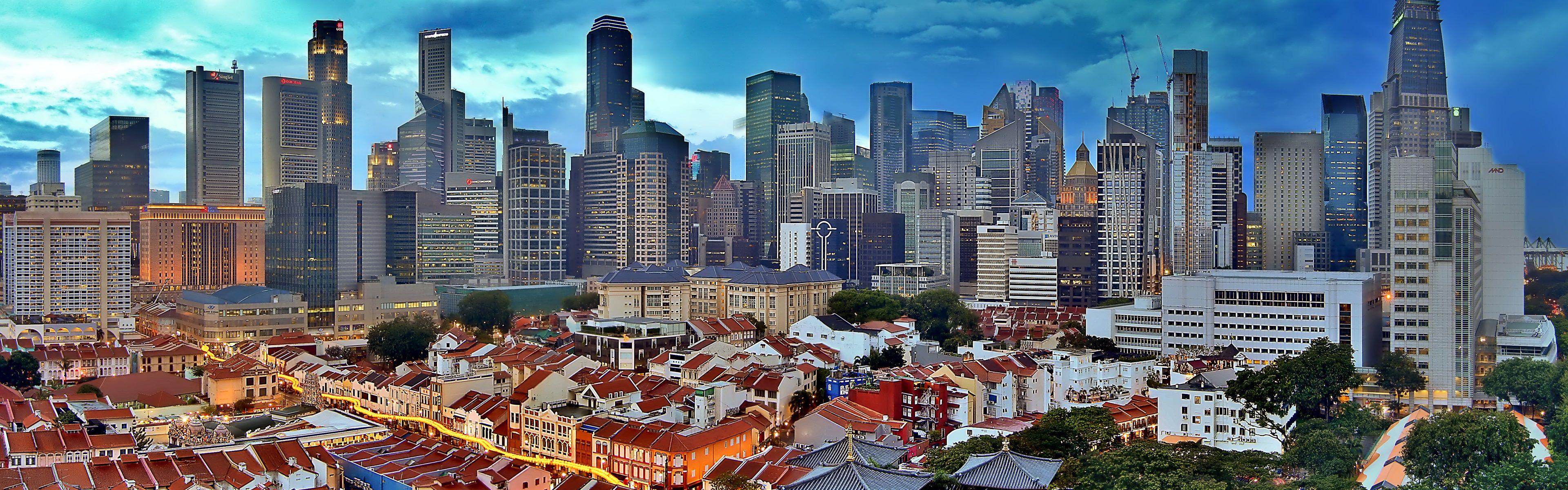 3840x1200 Singapore skyline landscape, skyscrapers, sunset wallpaper. other