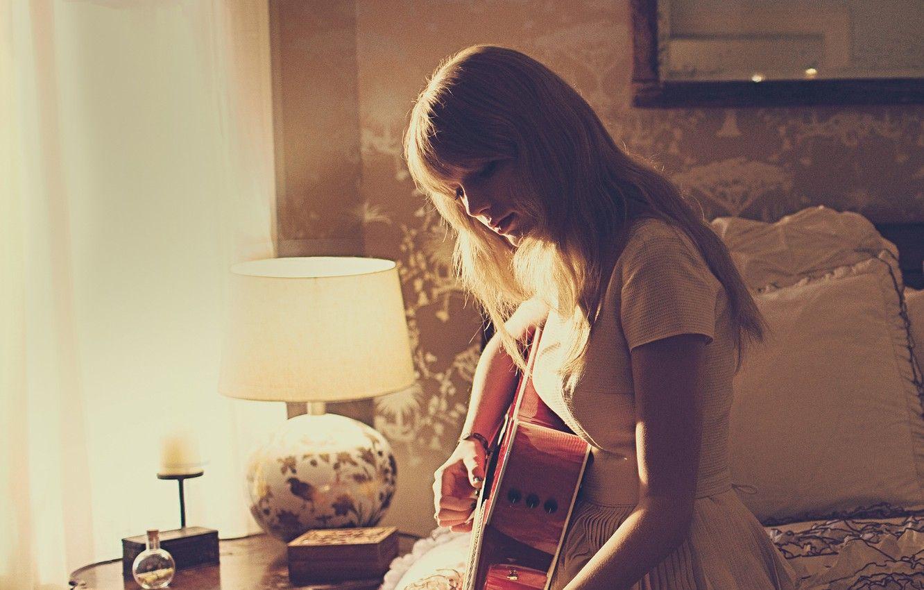 1332x850 Wallpaper room, lamp, guitar, dress, hairstyle, photographer