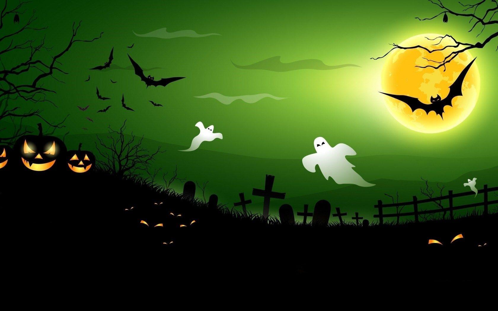 1680x1050 Halloween Creepy Pumpkins Bats Full Moon Midnight Ghosts