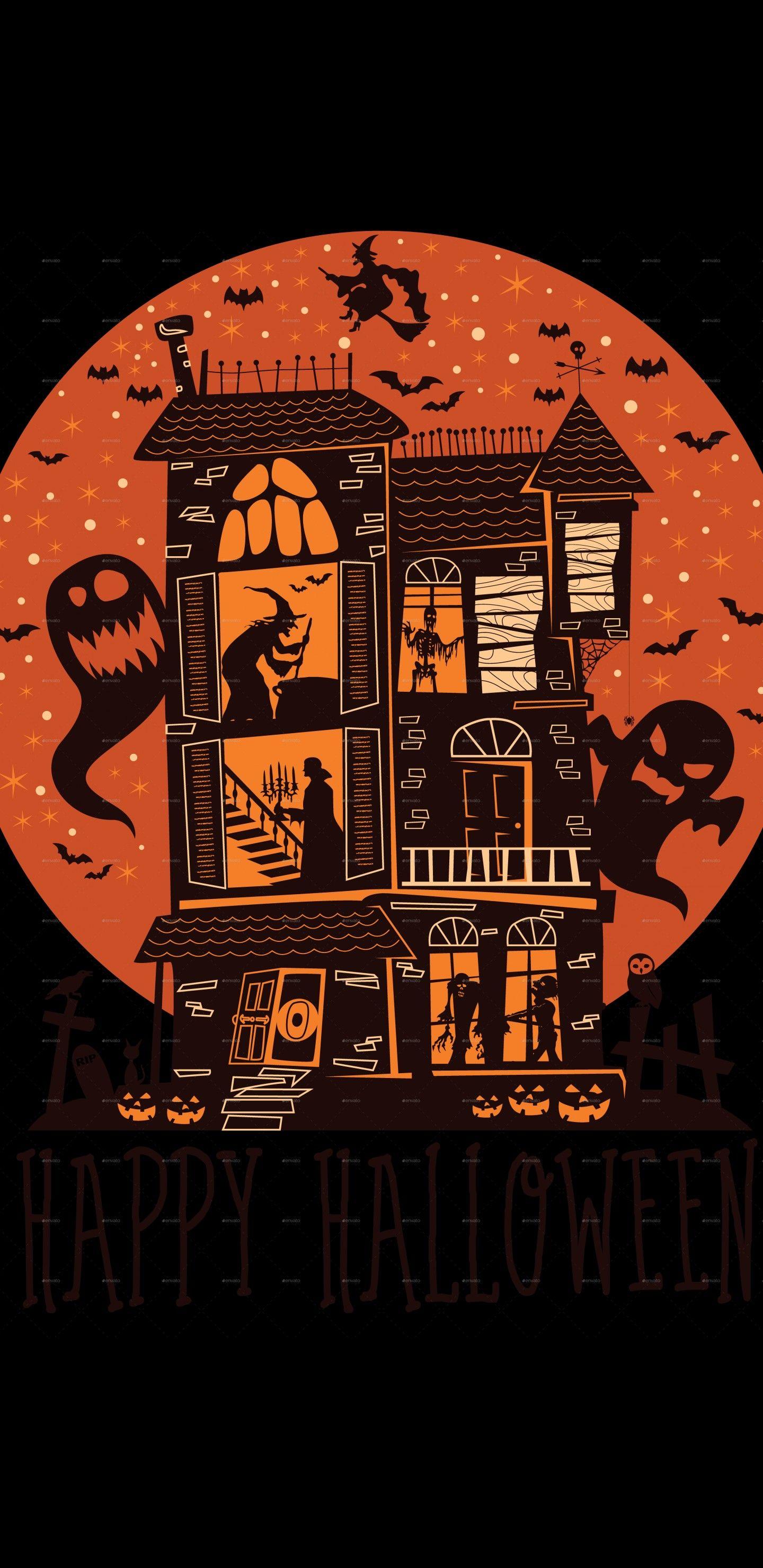 1440x2960 Download Wallpaper 1440x2960 Witch, Bat, Cat, House, Owl