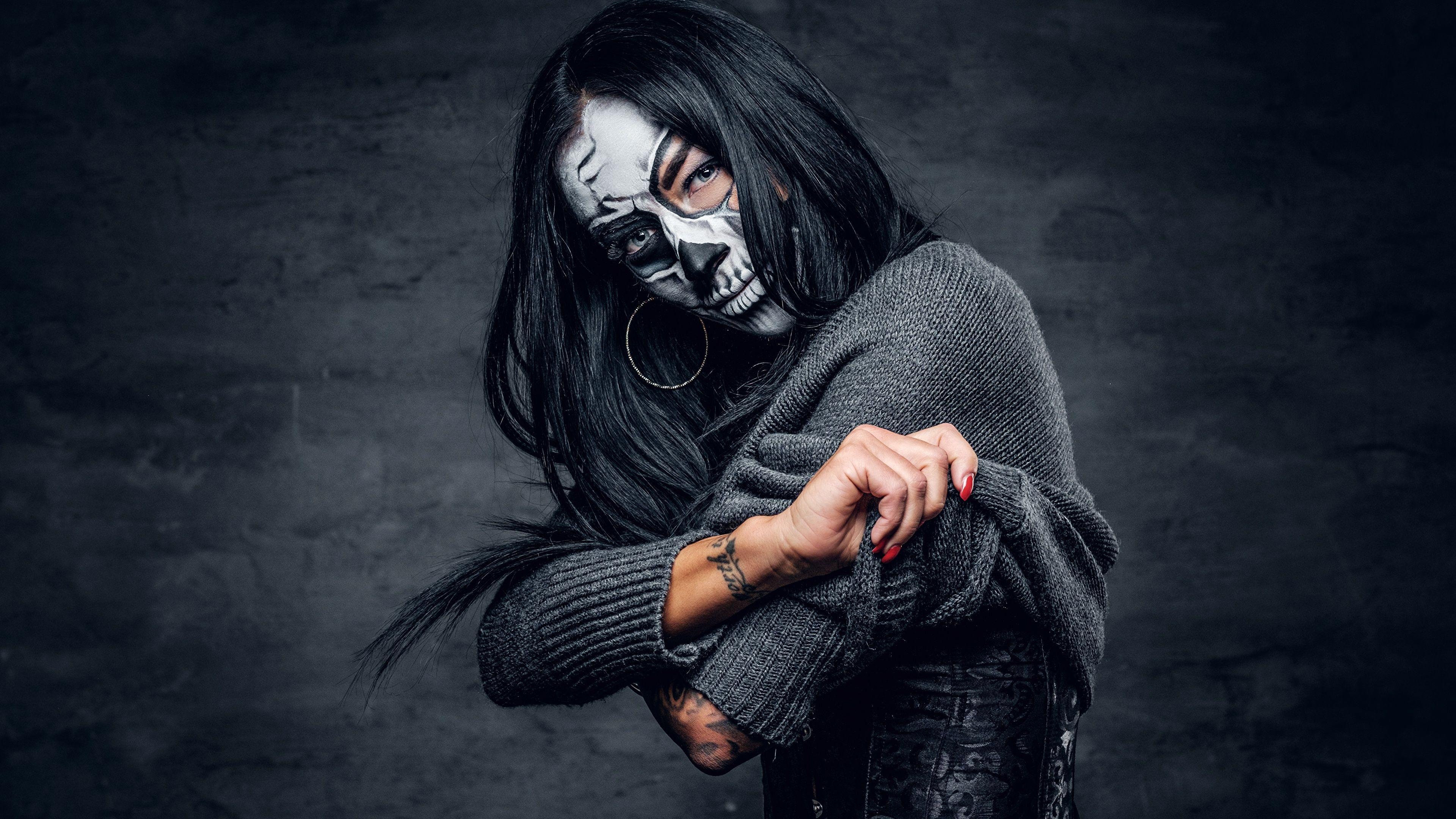 3840x2160 Picture Brunette girl Makeup day of the dead female 3840x2160