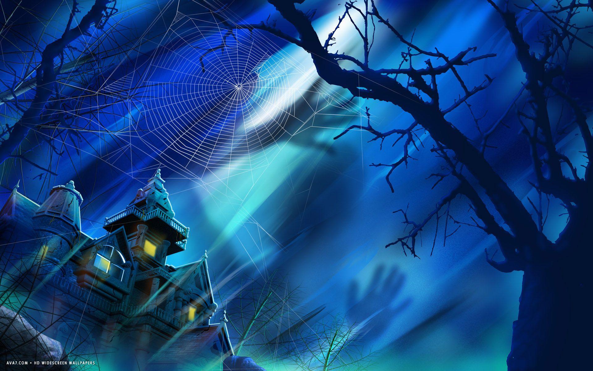 1920x1200 halloween house spider web tree shadow moonlight holiday HD
