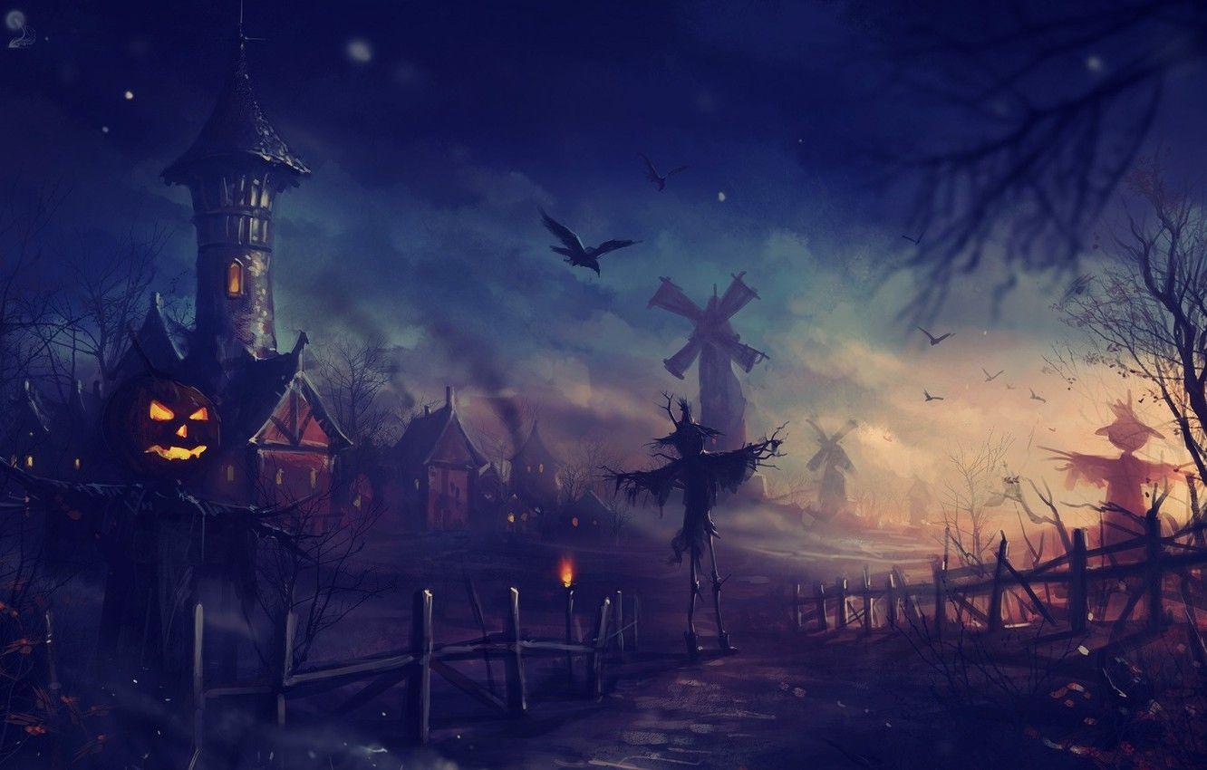 1332x850 Wallpaper night, art, Halloween, mill, Scarecrow, Halloween