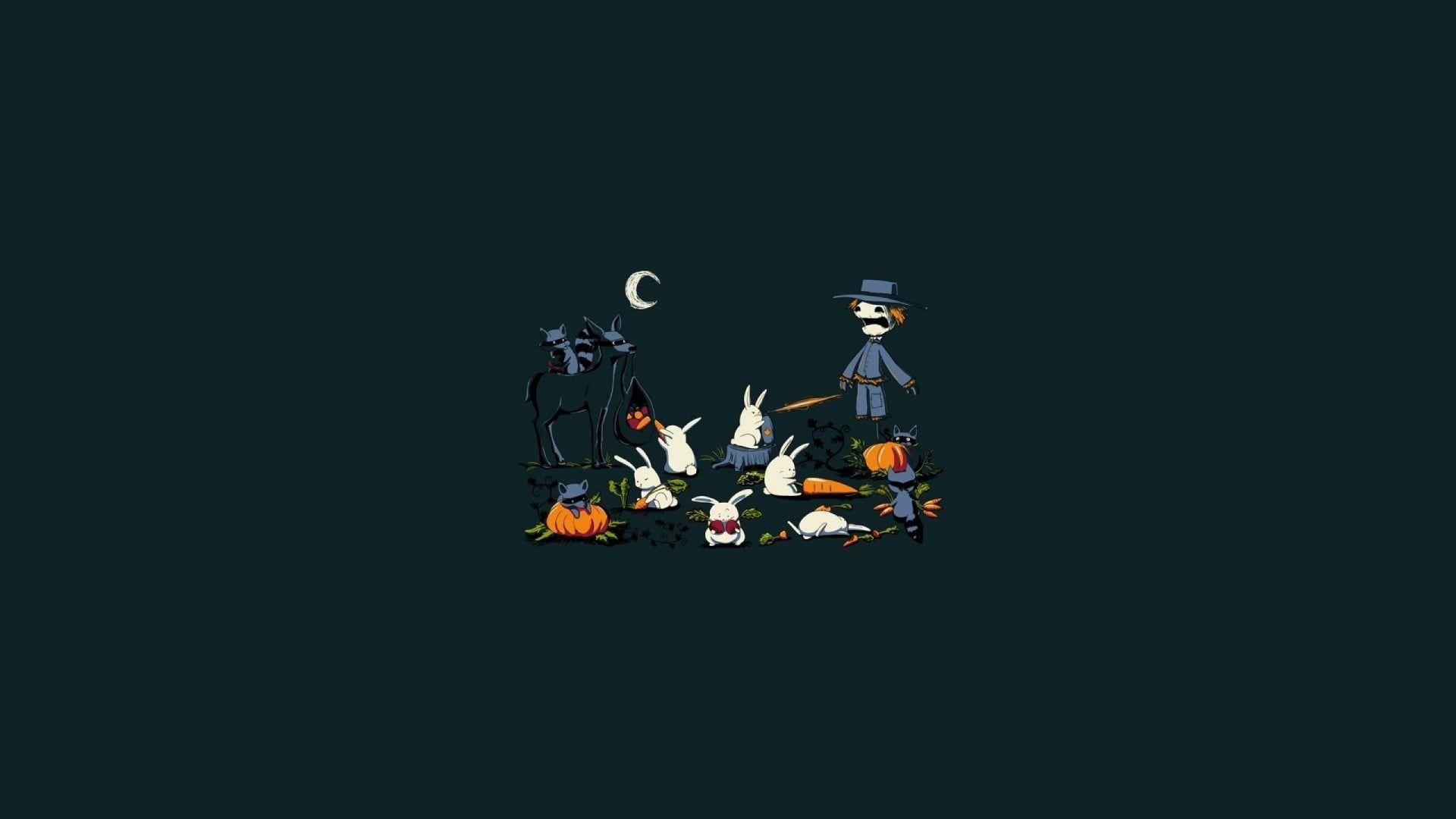1920x1080 Rabbits eating carrots with scarecrow wallpaper, Halloween