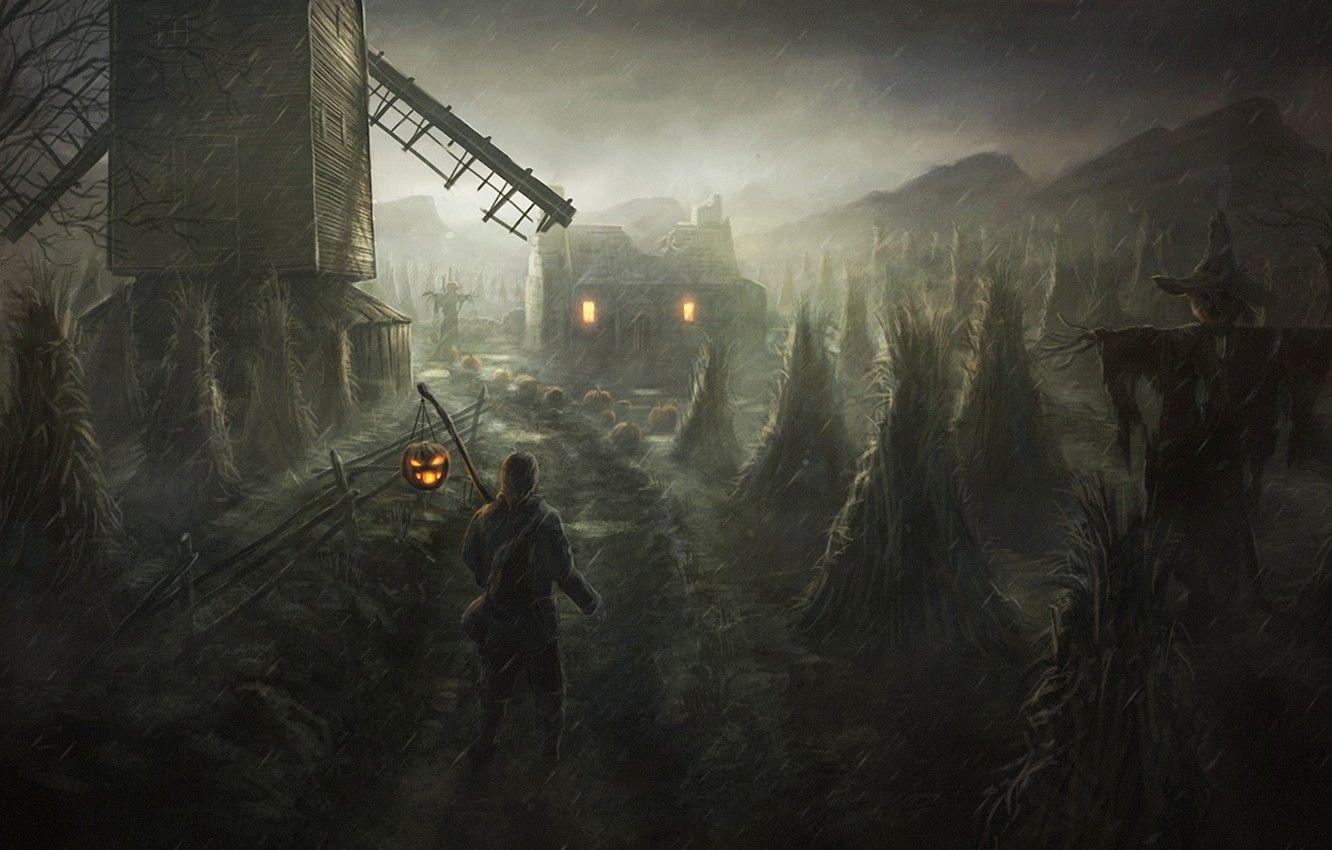 1332x850 Wallpaper house, people, art, mill, Halloween, Scarecrow