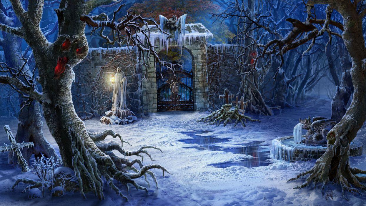 1244x700 Art Sculpture Trees Snow Fence Cemetery Fantasy grave dark