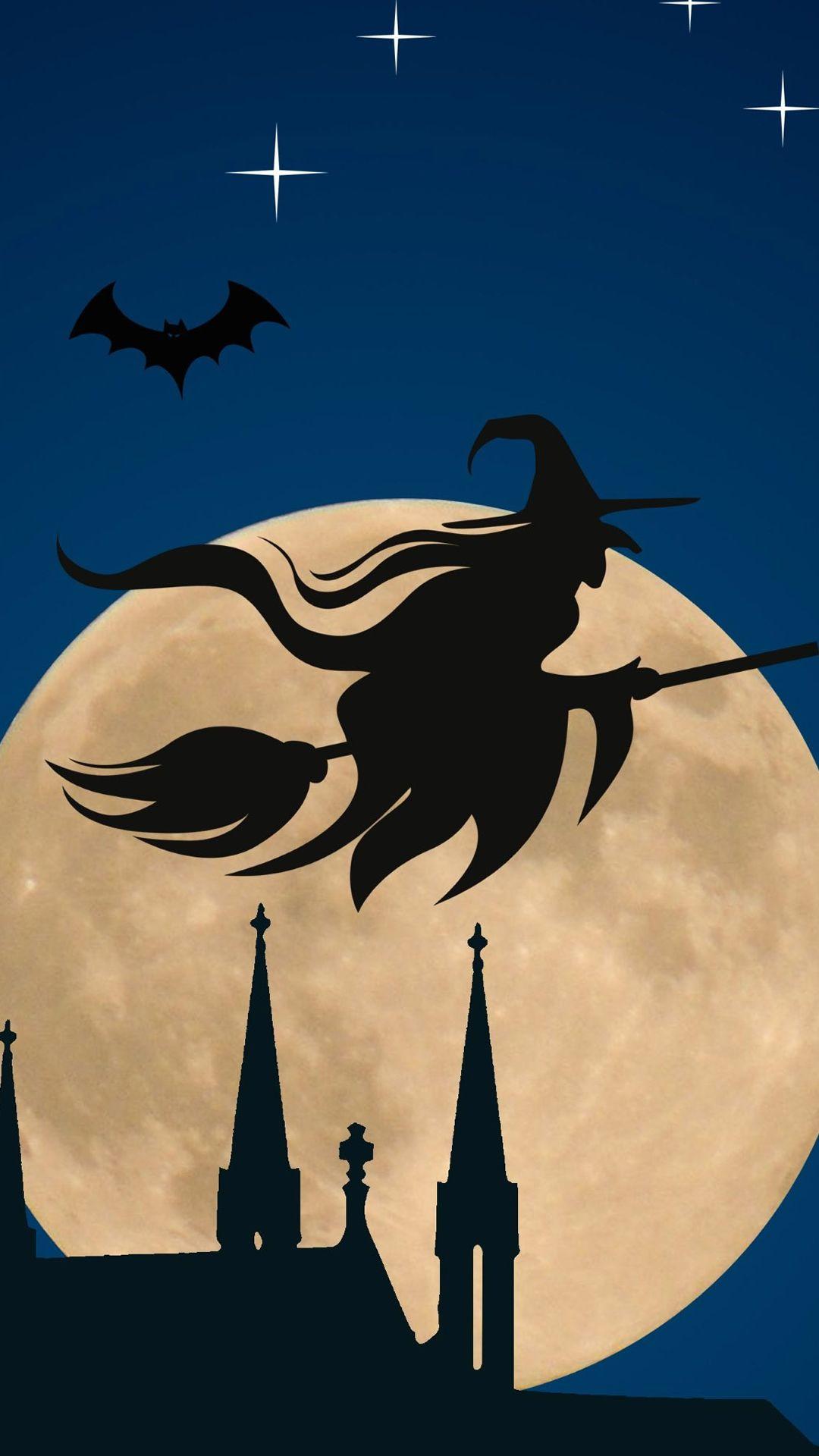 1080x1920 Halloween Witch Flying Broom Over Moon Hình nền iPhone 6