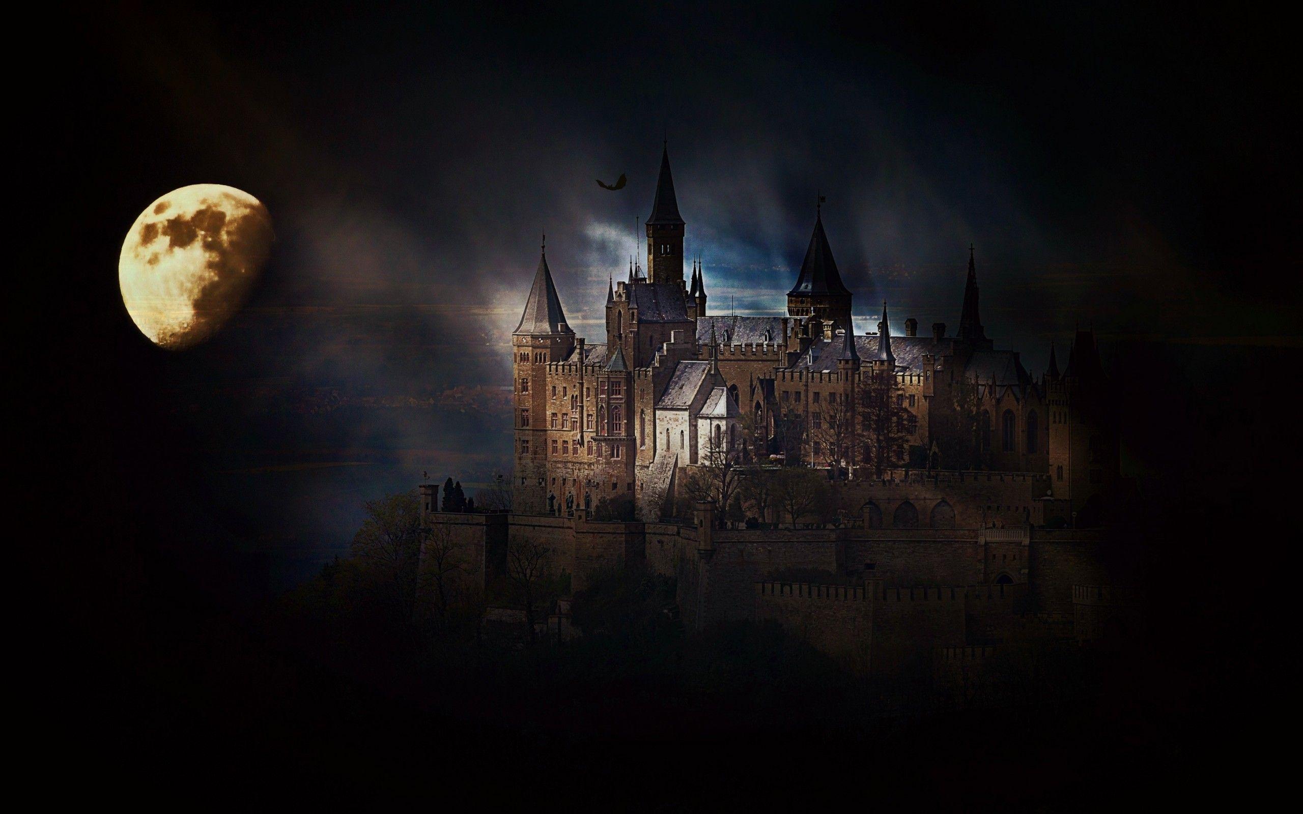 2560x1600 Castle, Dark Halloween Night, Bright Moon widescreen
