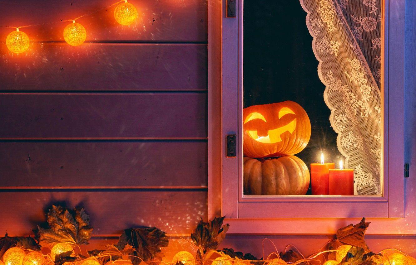 1332x850 Wallpaper autumn, night, window, Halloween, pumpkin