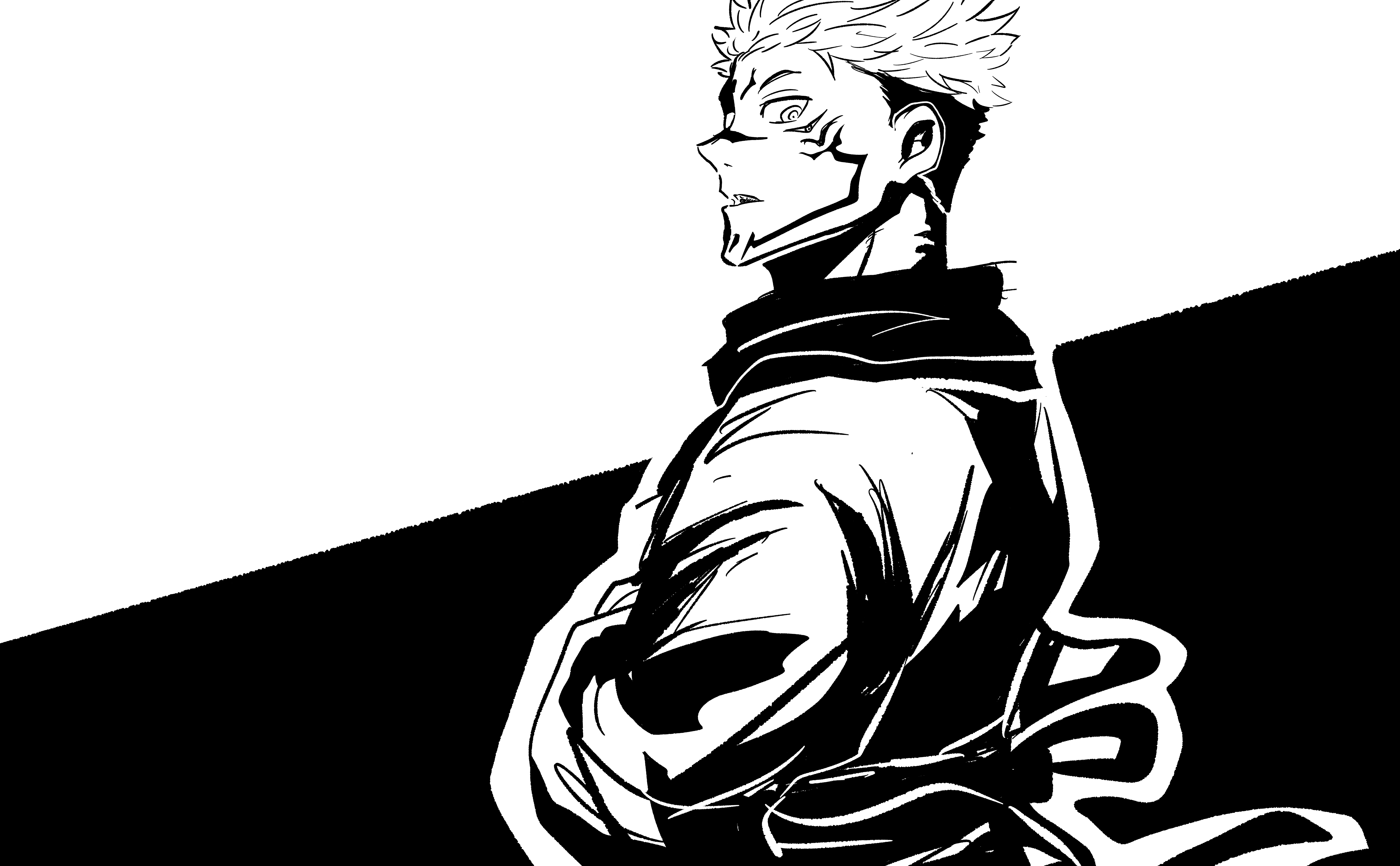 8000x4950 Sukuna Black And White Wallpaper