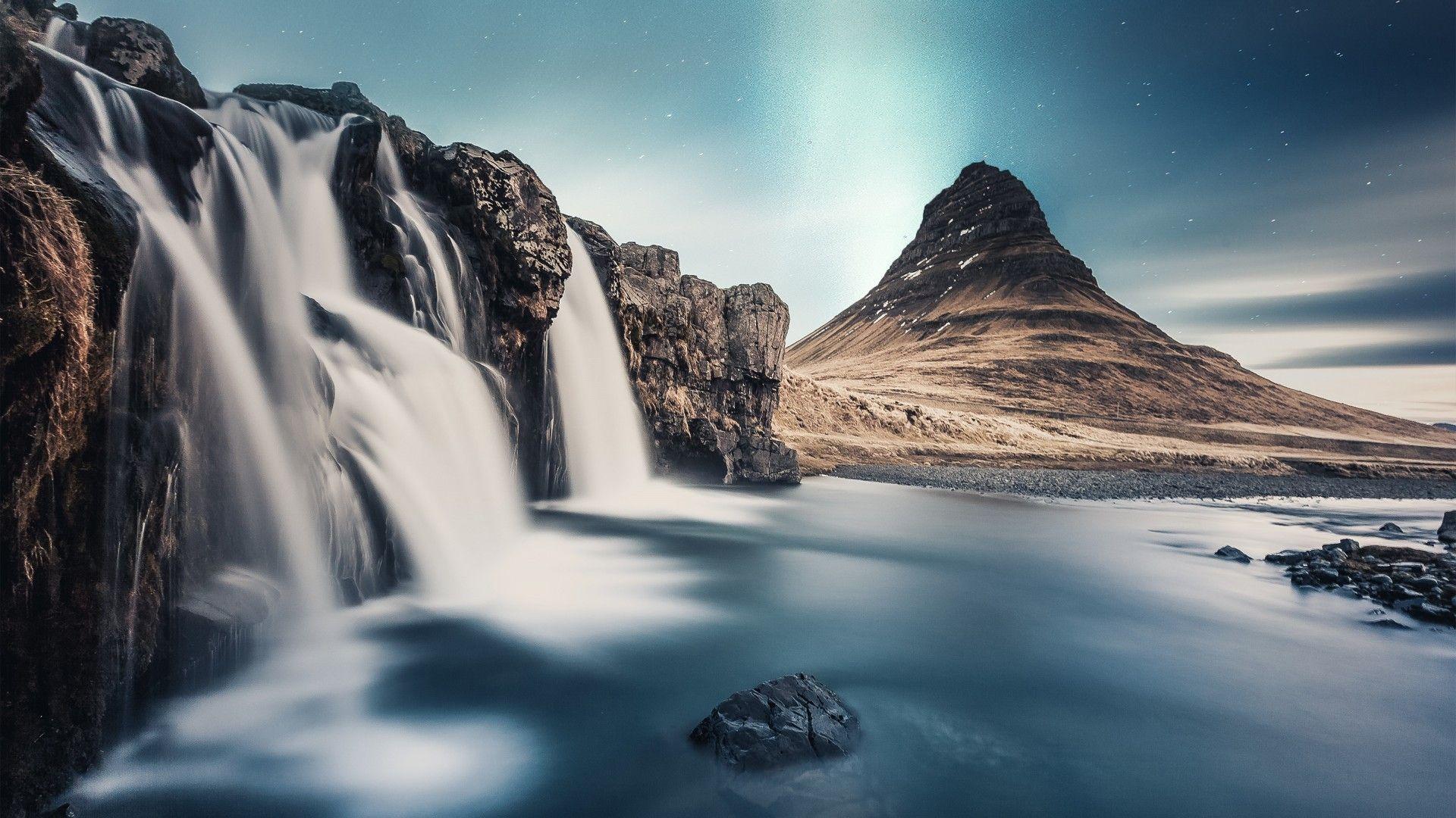 1920x1080 Download 1920x1080 Waterfall, Stars, Night, Rocks Wallpaper