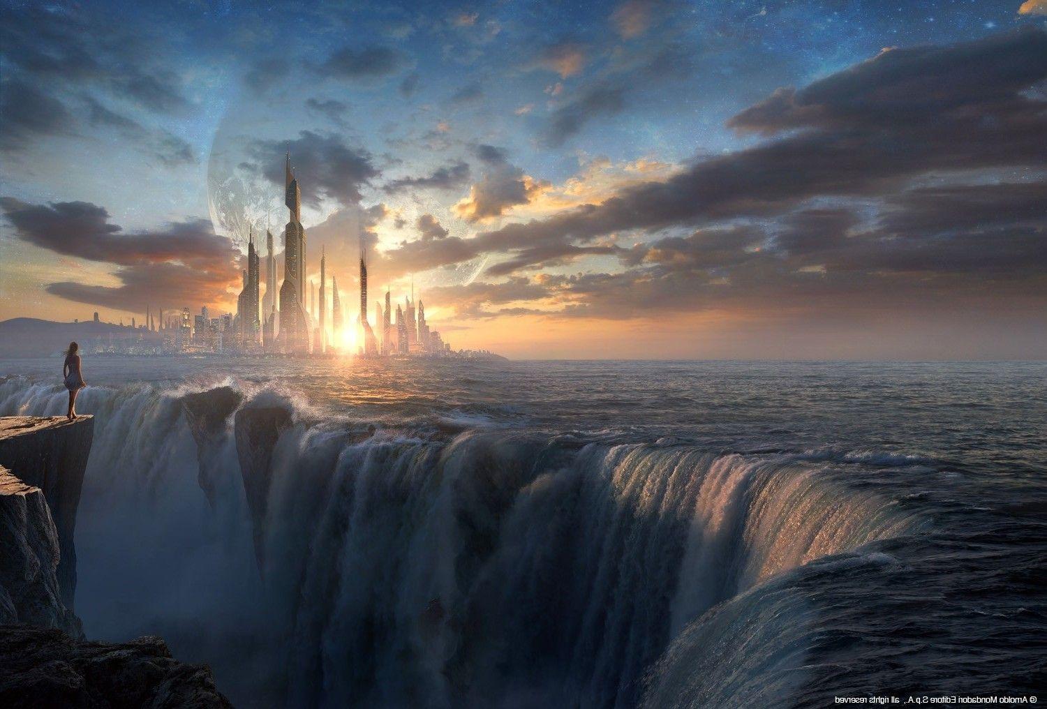 1500x1016 fantasy Art, Sunset, Waterfall Wallpaper HD / Desktop