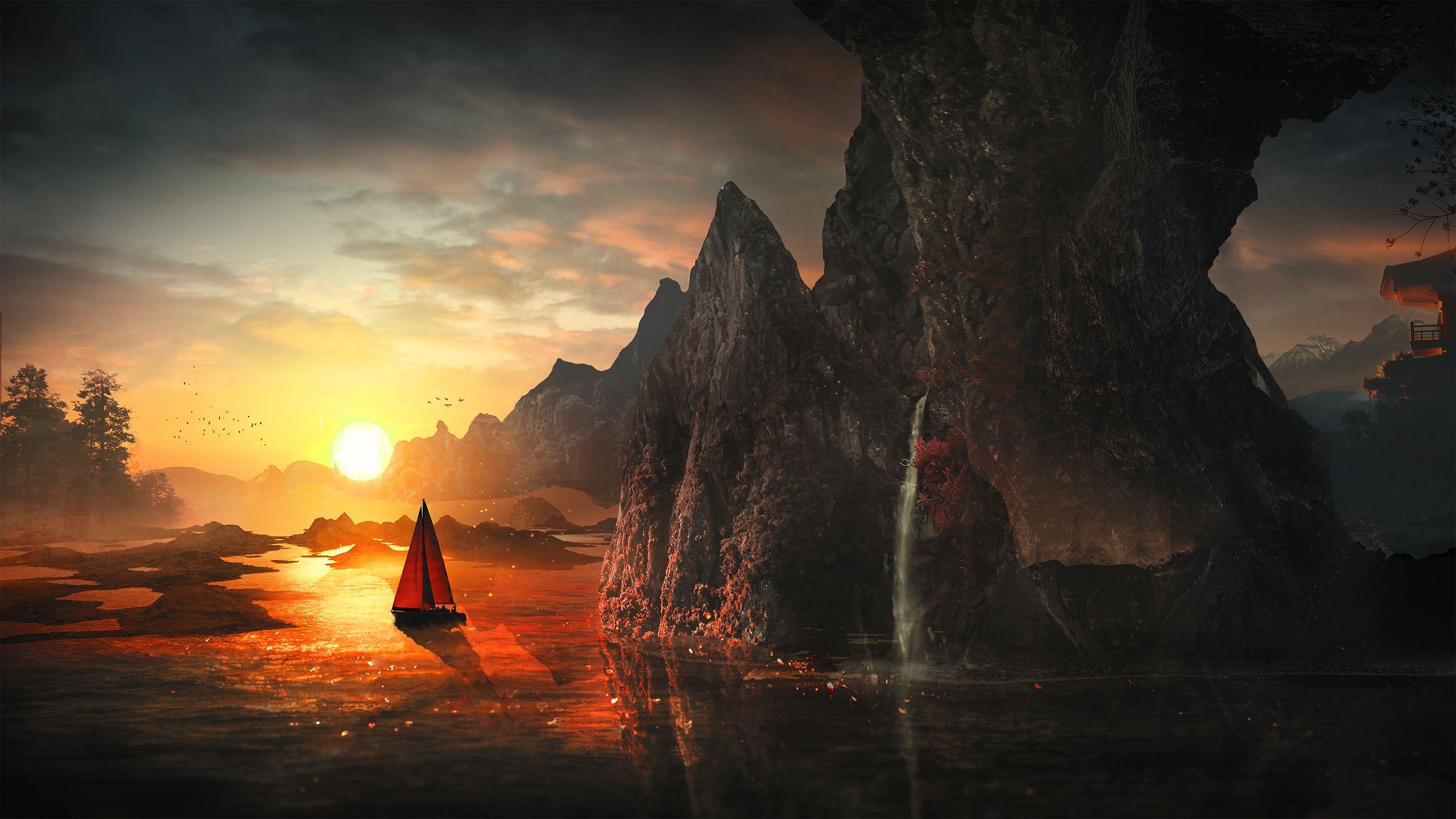 2560x1440 Download 2560x1440 Fantasy Landscape, Reflection, Birds