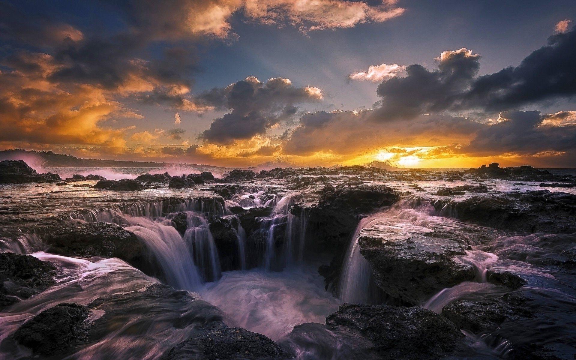 Waterfall Sunset Background Wallpaper