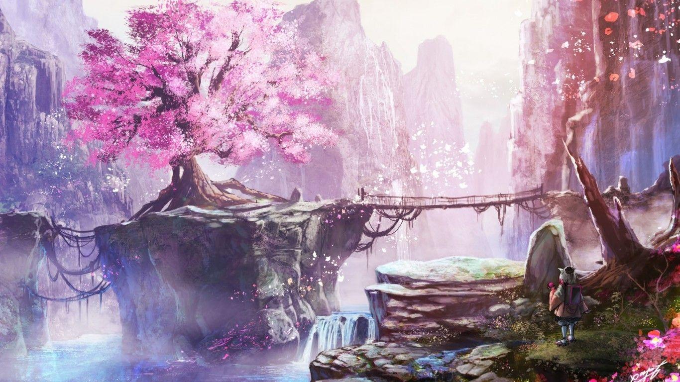 1366x768 Download 1366x768 Anime Landscape, Cherry Blossom, Bridge