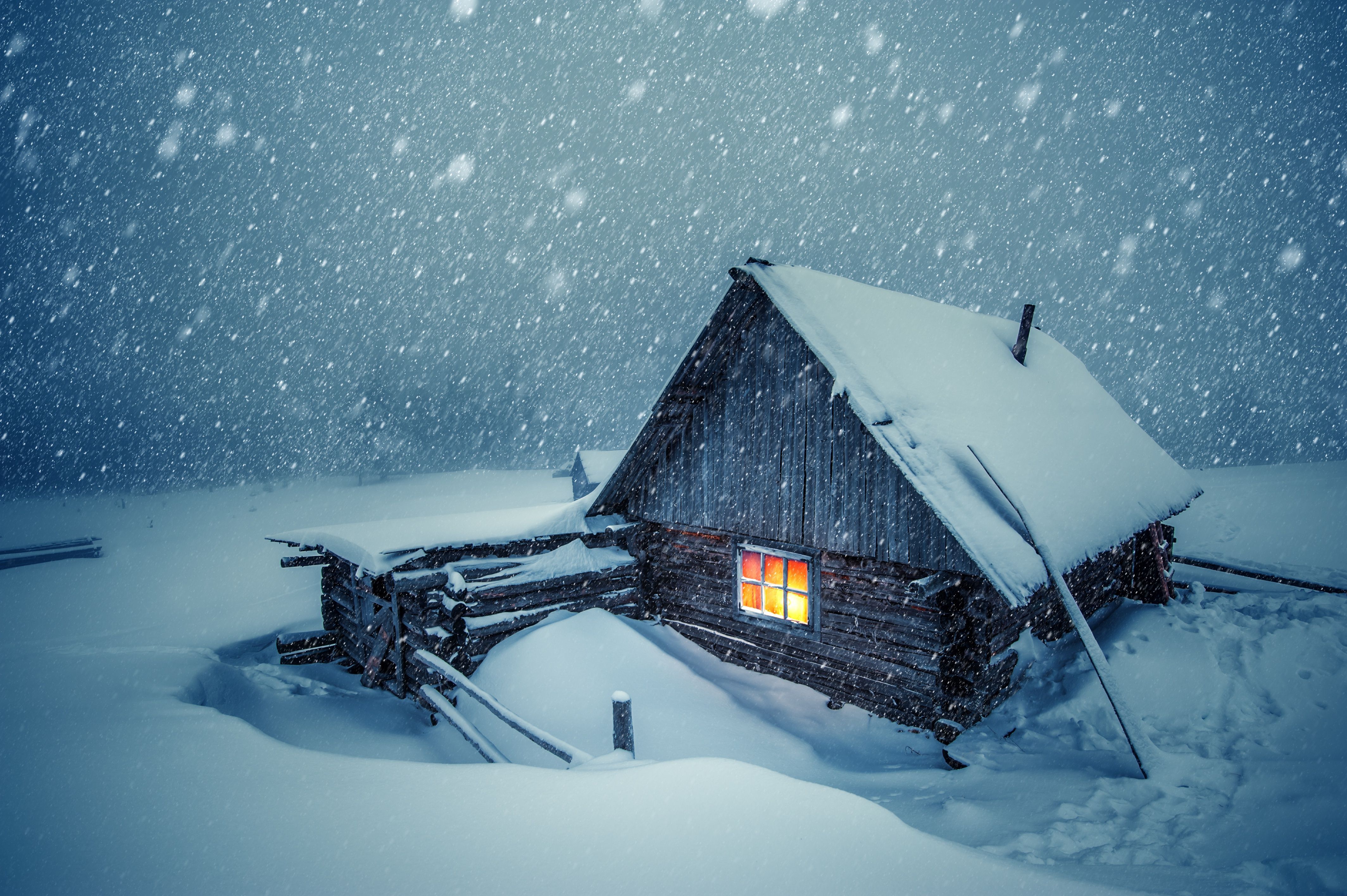 4256x2832 wallpaper: Snow, Light, Window, Cabin