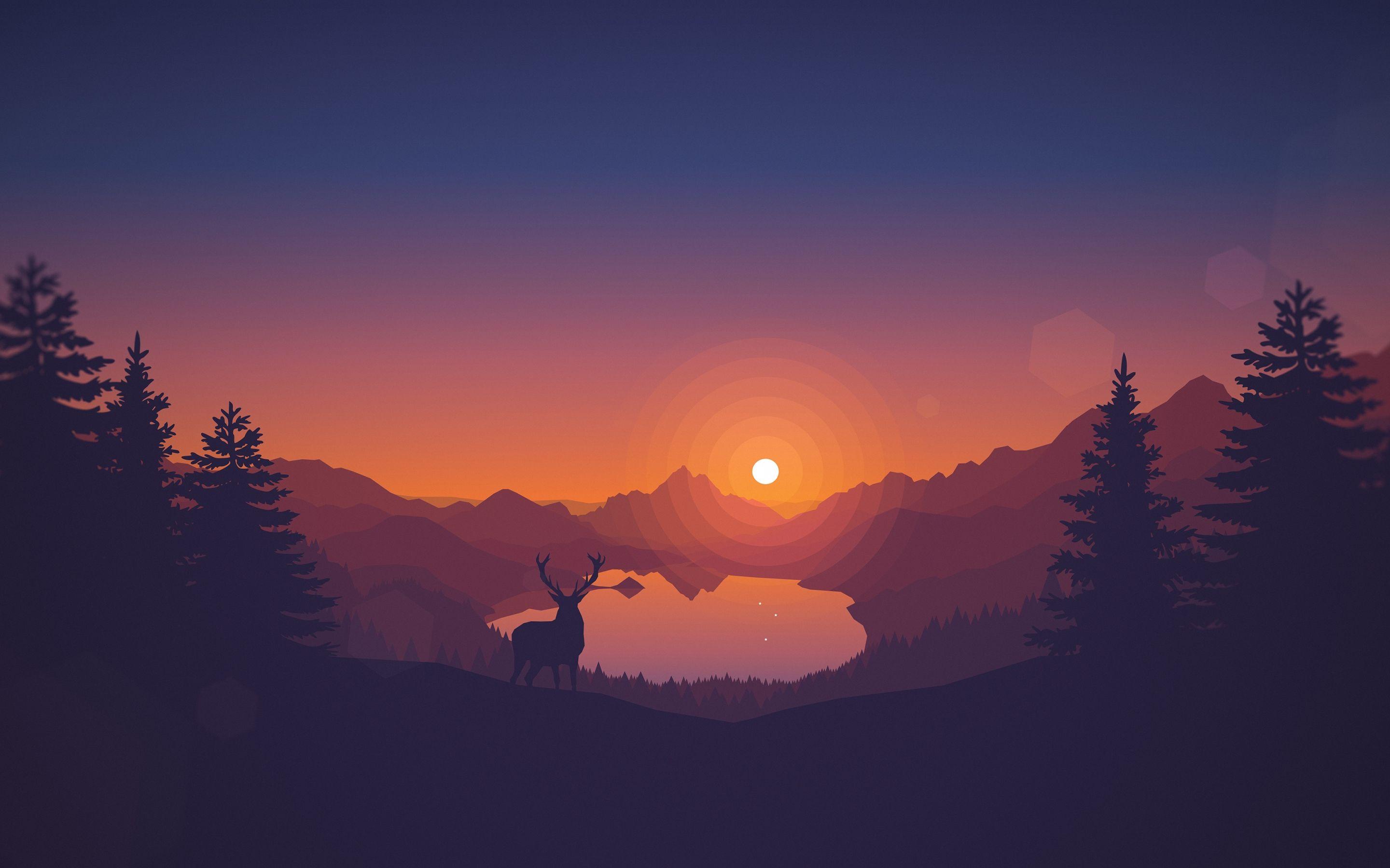 2880x1800 Download 2880x1800 Flat Landscape, Lake, Sunset, Deer