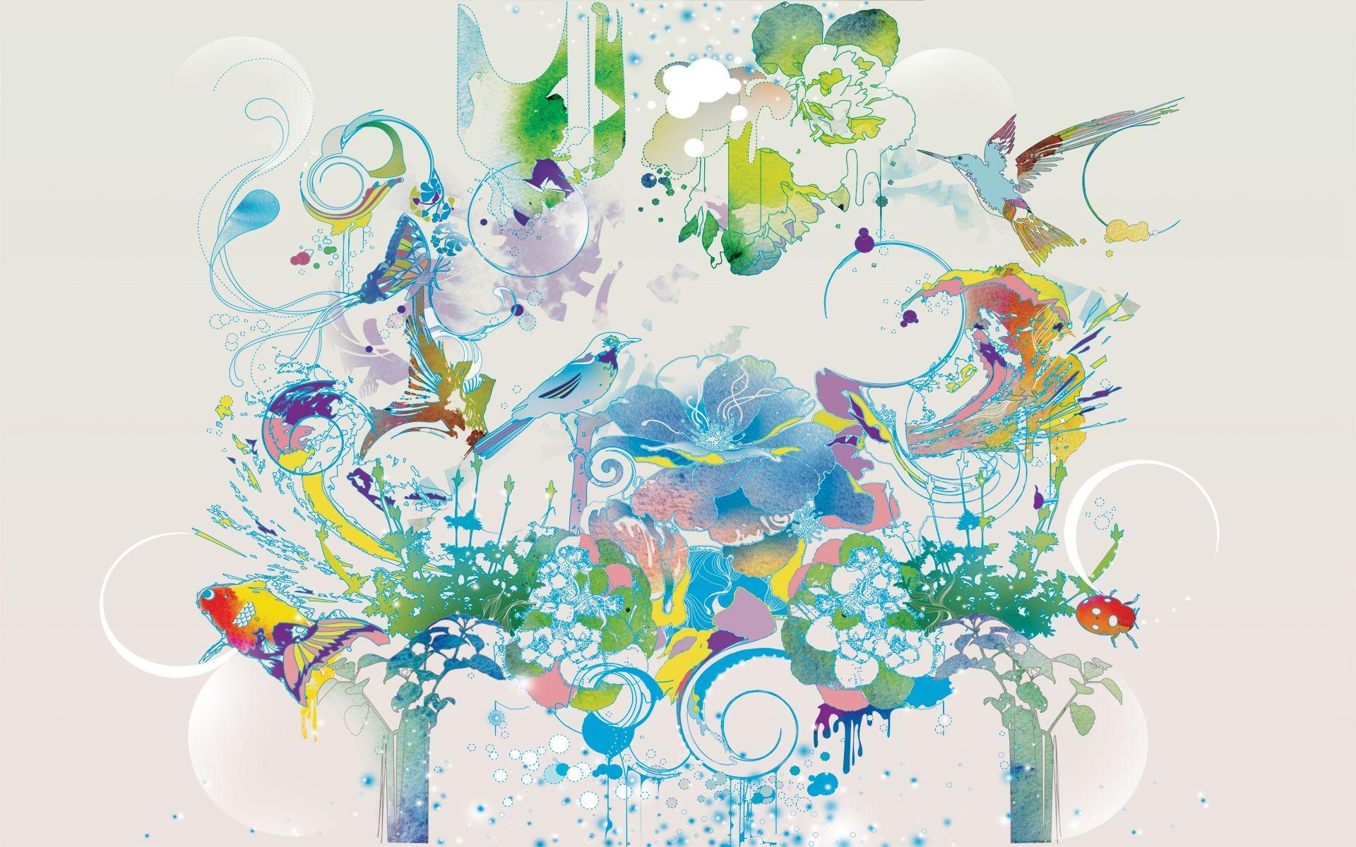 1920x1200 Vector animals & Flowers. Wallpaper. Watercolor paintings