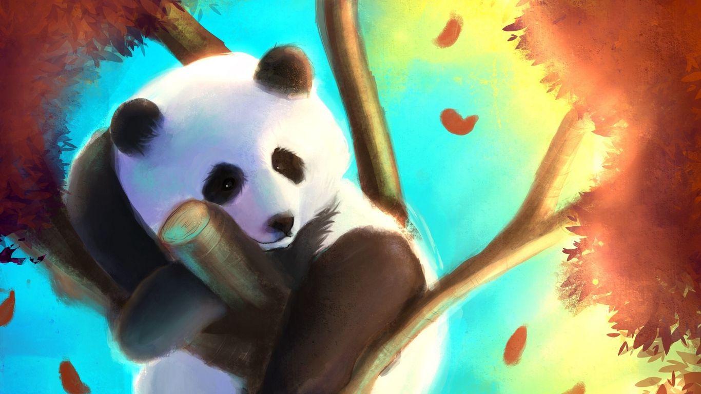 1366x768 Download wallpaper 1366x768 panda, cute, tree, art, colorful tablet, laptop HD background