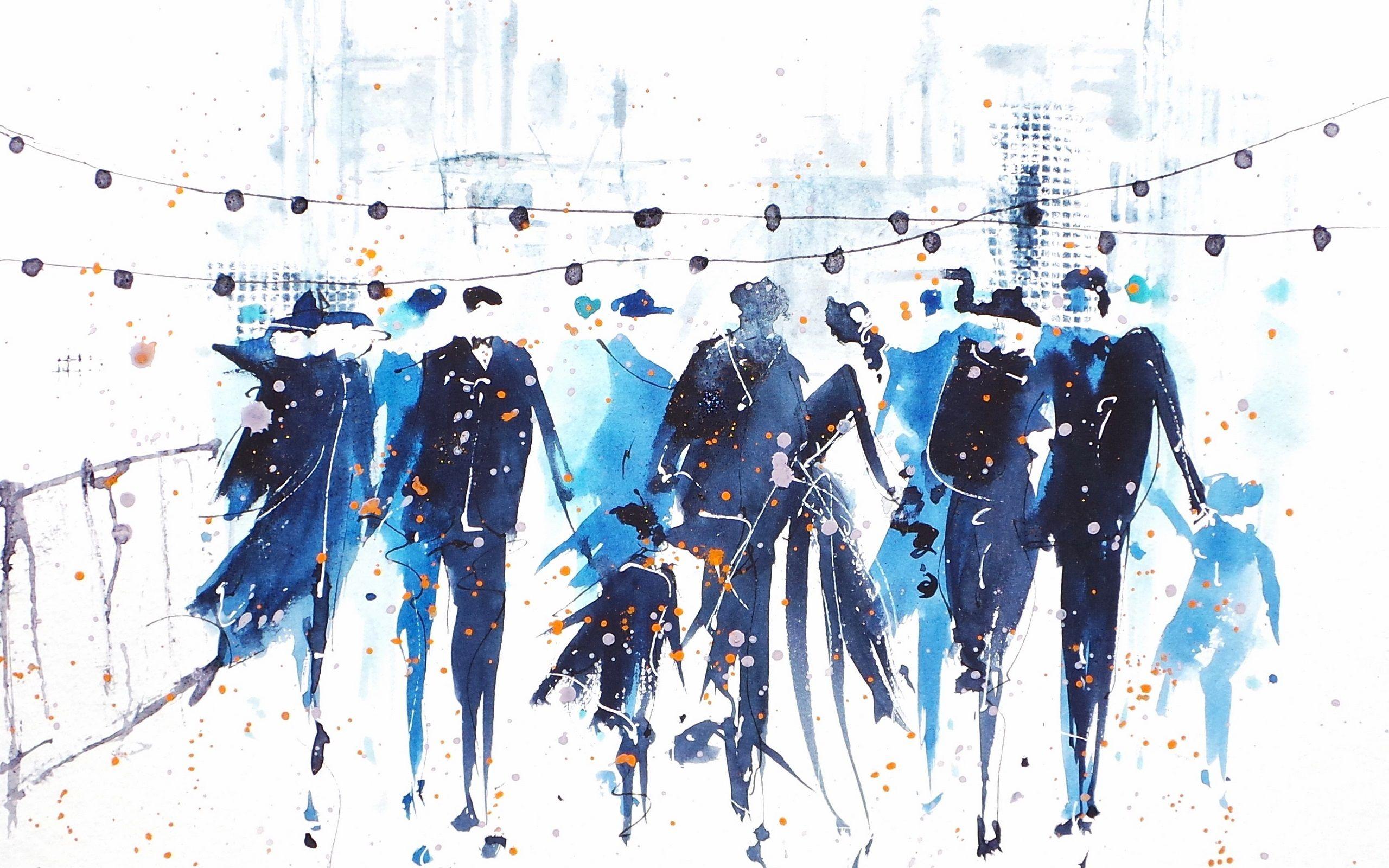 2560x1600 Wallpaper Watercolor painting, people, street, abstract