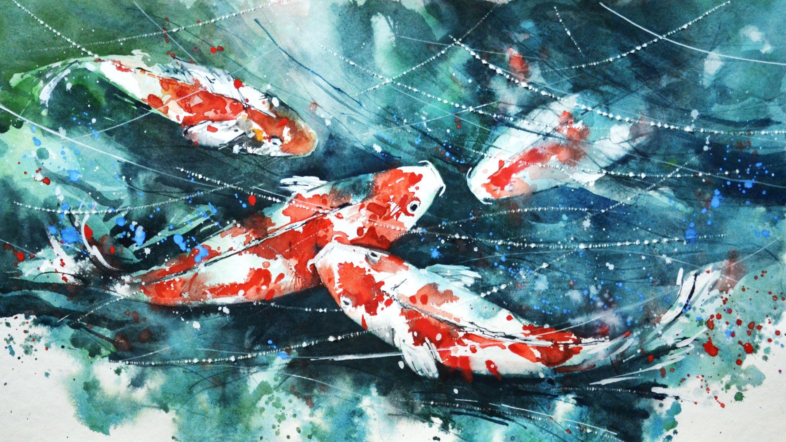 2560x1440 koi painting watercolor fish artwork paint splatter