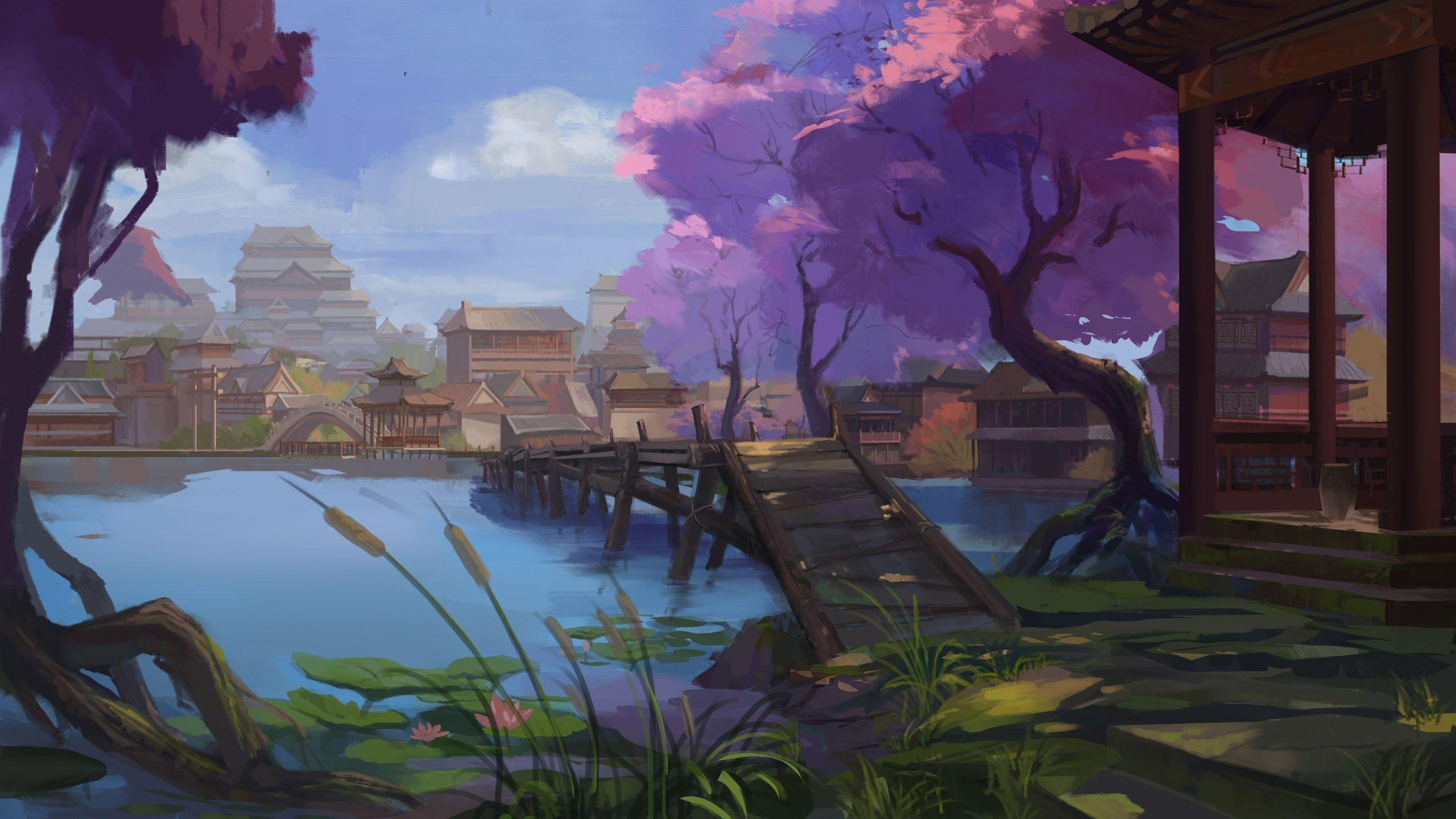 2560x1440 Watercolor Painting, China, Village, Retro Style 828x1792 IPhone 11 XR Wallpaper, Background, Picture, Image