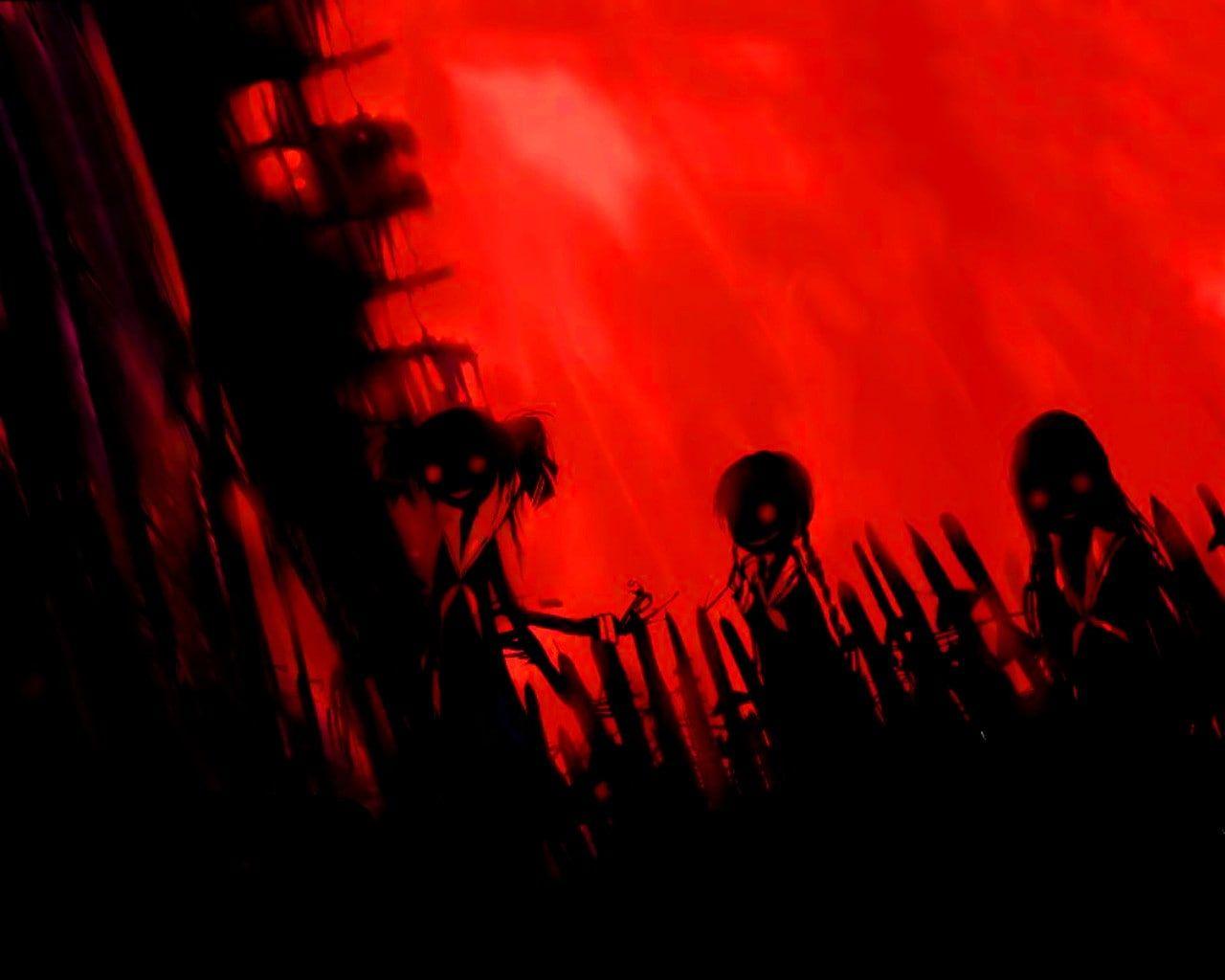 1280x1024 Horror, Anime Girls, Horror Anime, Red, Black, Group