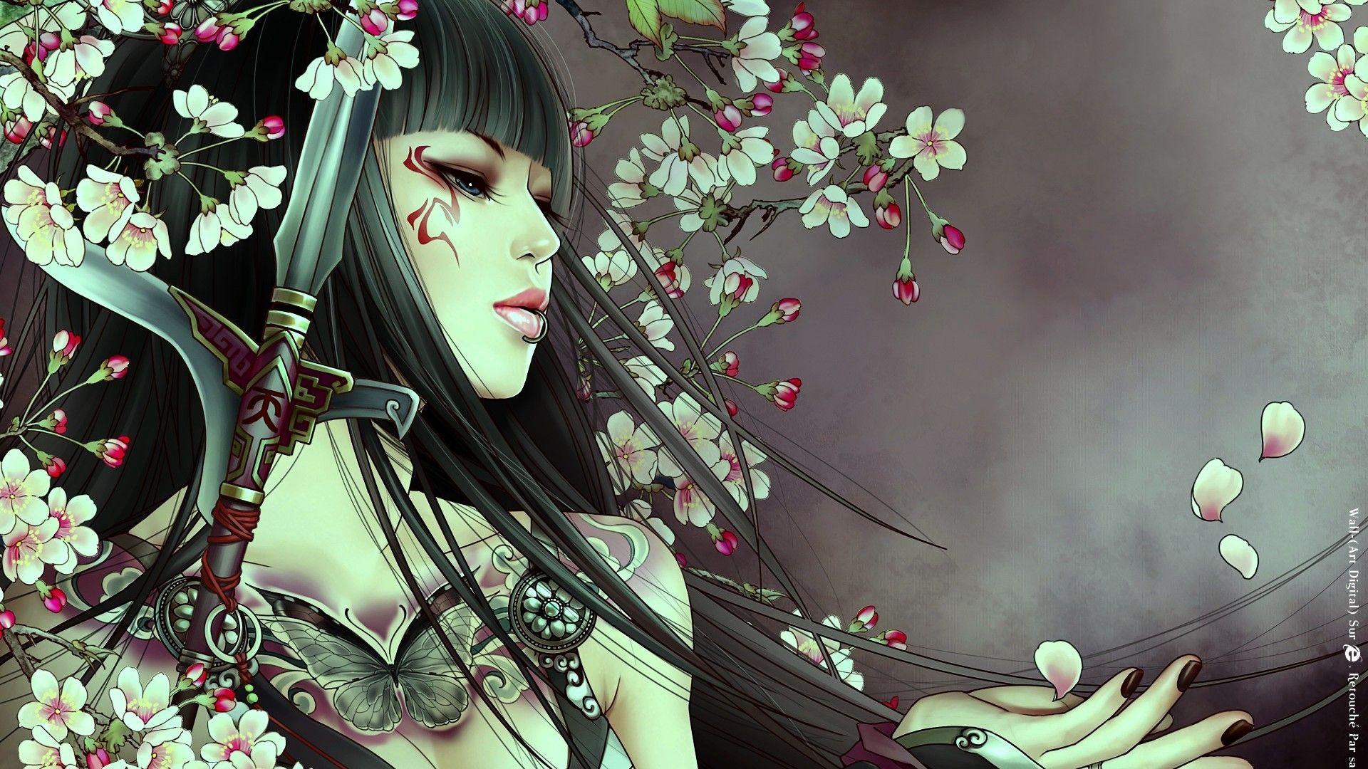 1920x1080 women, flowers, artwork wallpaper