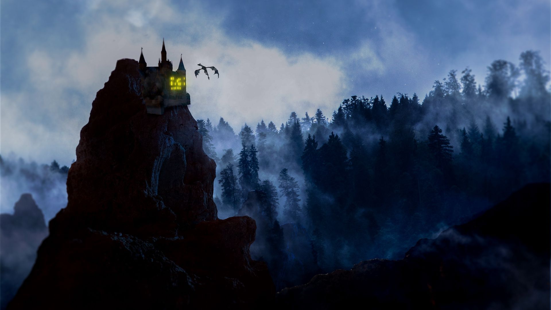 1920x1080 Wallpaper dragon castle rock forest fog