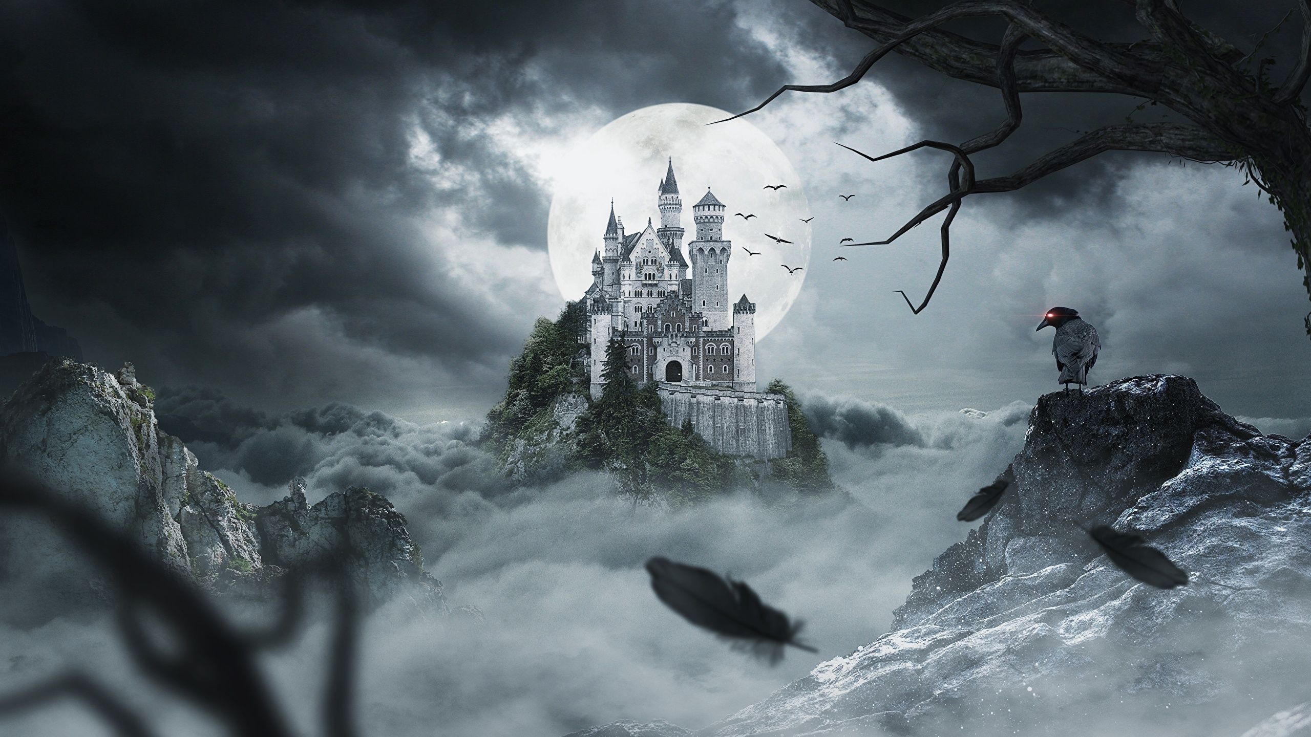 2560x1440 Desktop Wallpaper Crows Rock castle