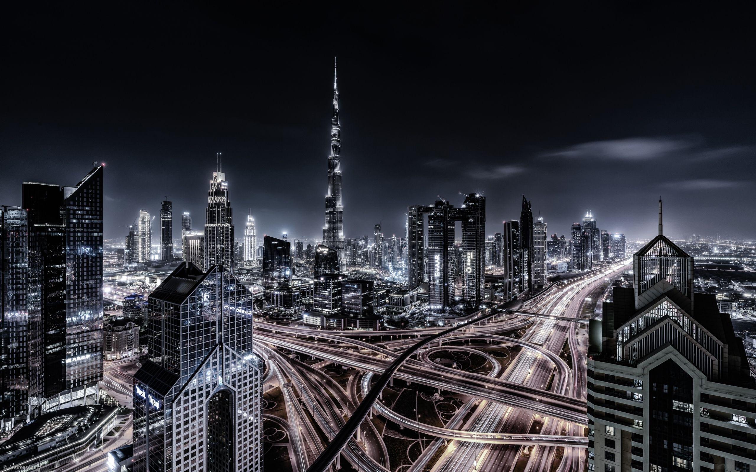 2560x1600 Building, City, Cityscape, Dubai, Highway, Night wallpaper
