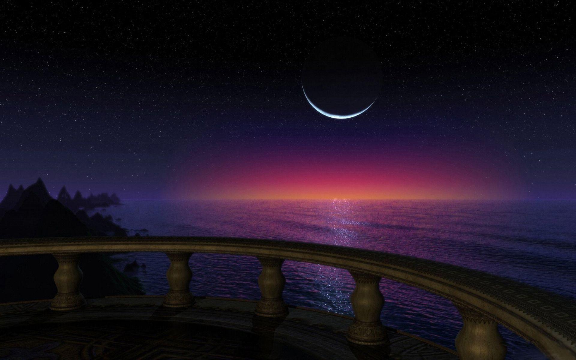 1920x1200 Moon Bij Sea Night Wide Photo. HD Nature Wallpaper
