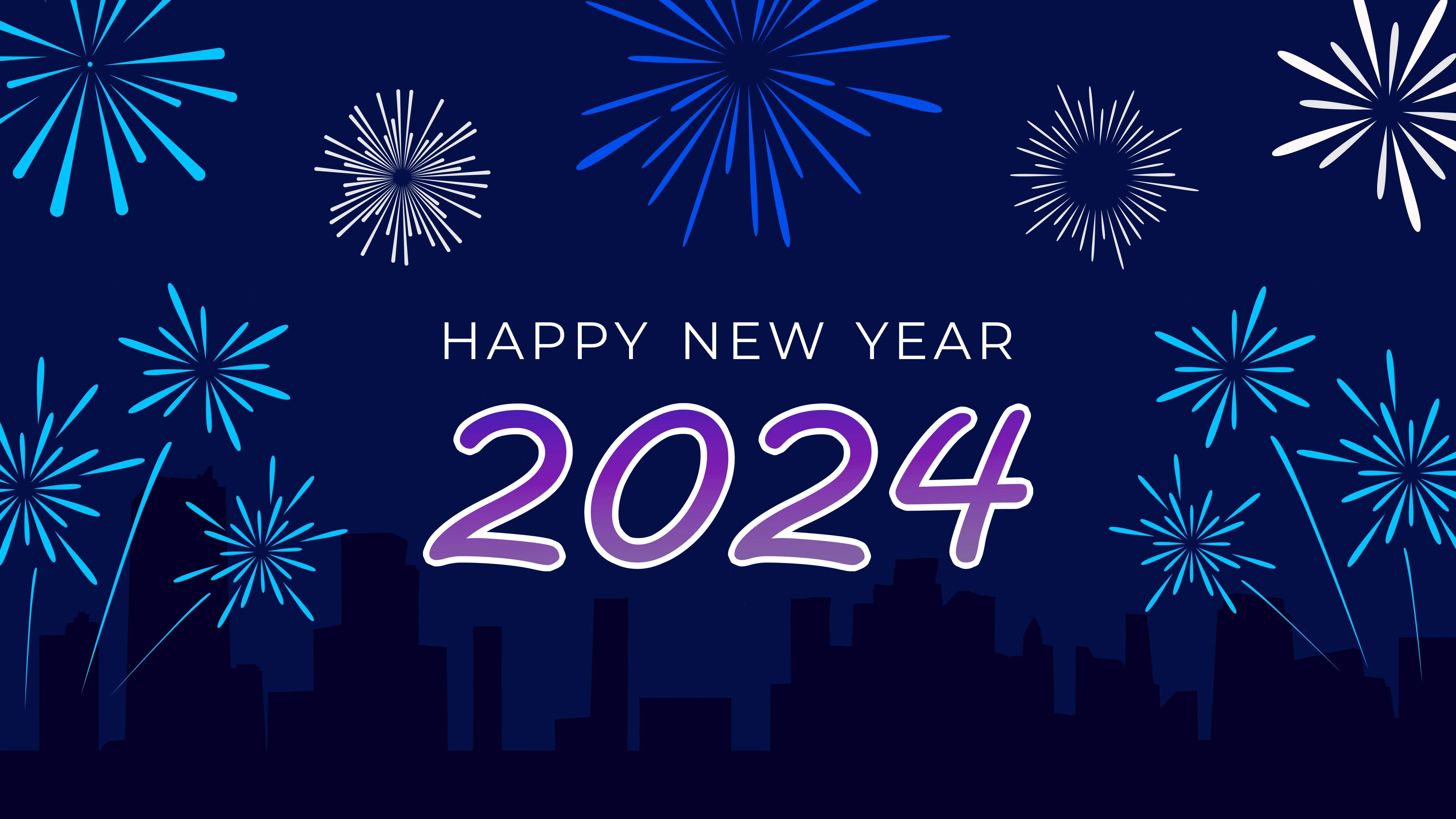 7680x4320 Happy New Year fireworks on blue