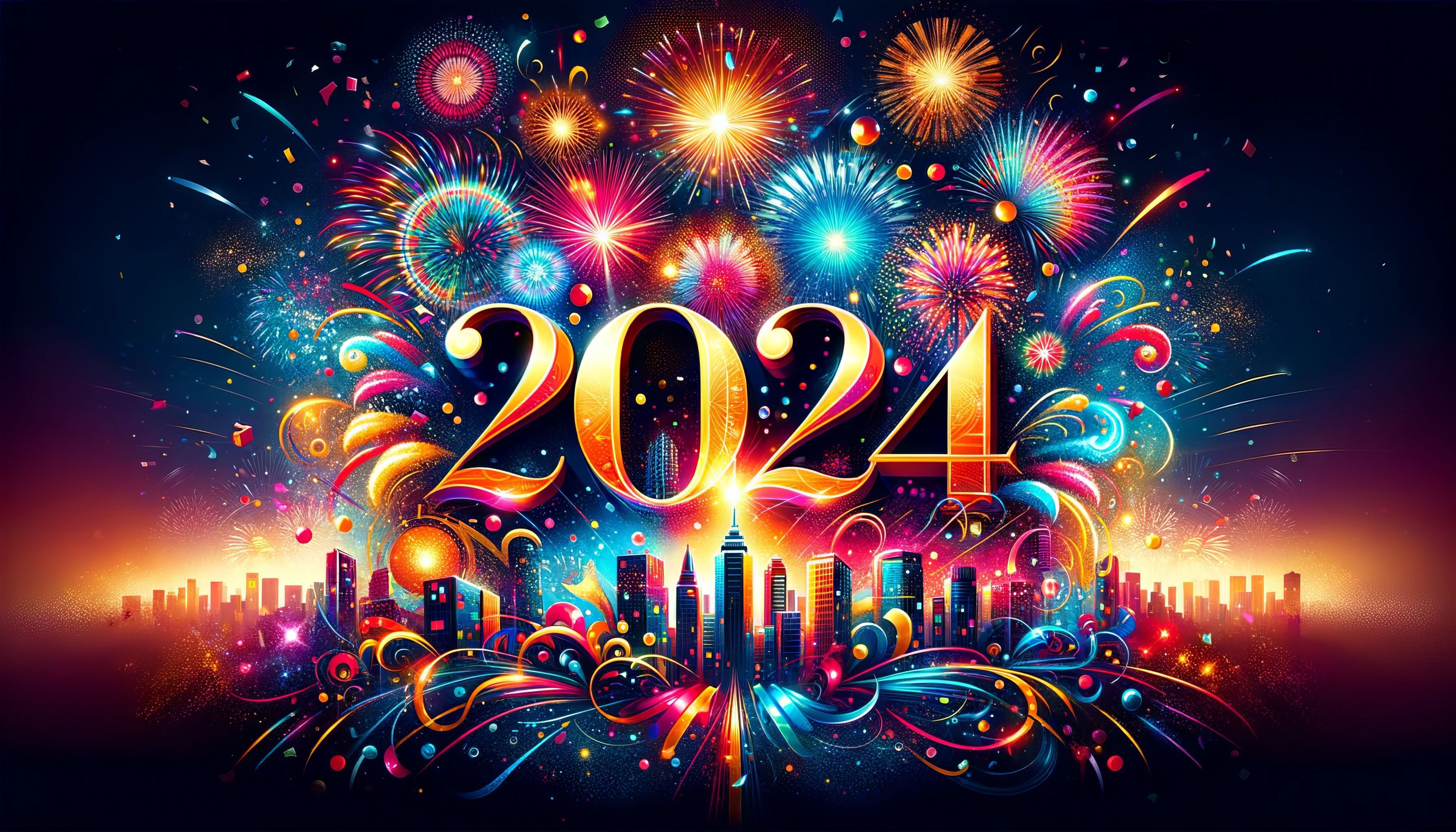3584x2048 Colorful 2024 Fireworks Celebration HD