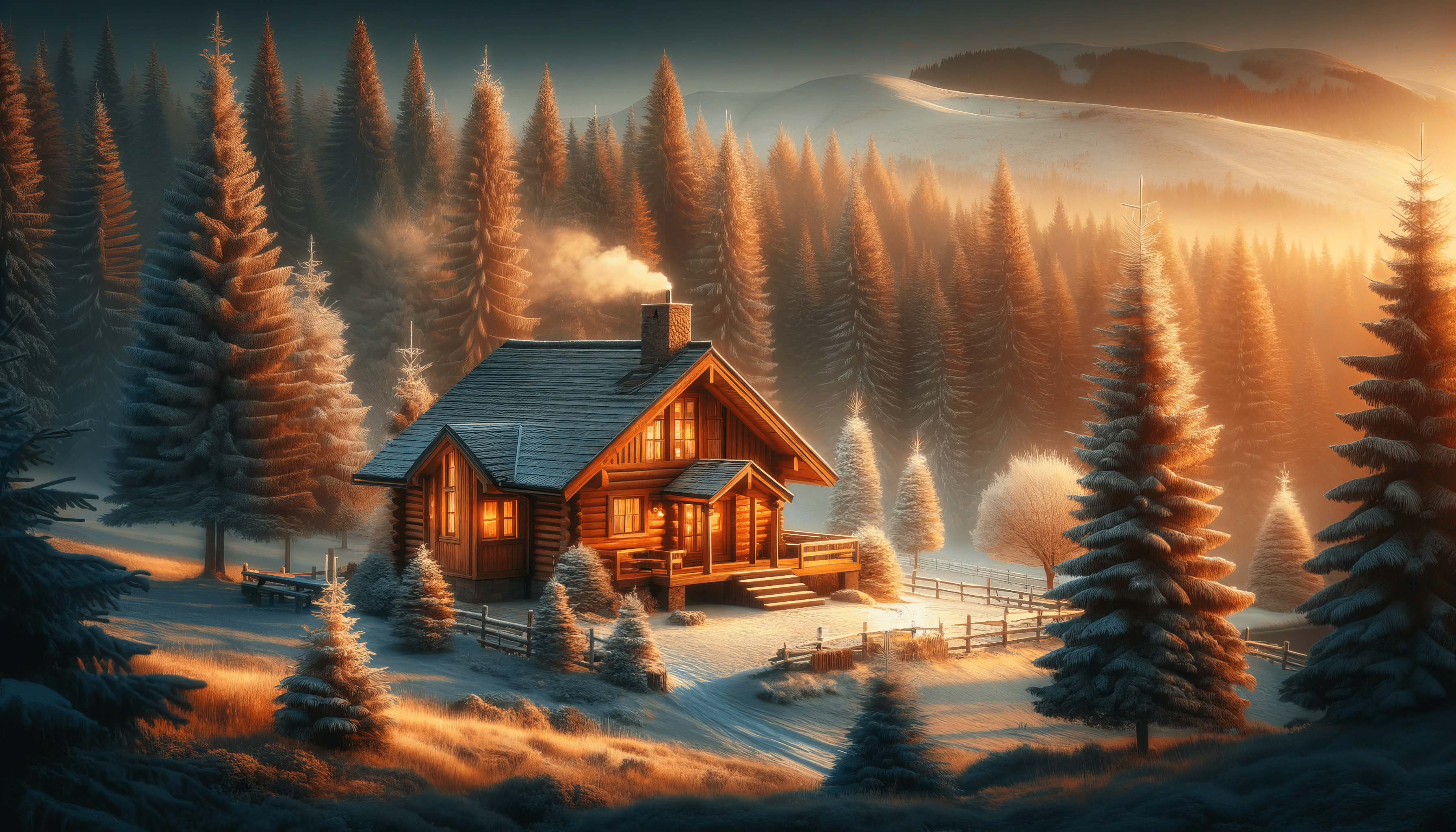 3584x2048 Enchanting Winter Cabin HD Wallpaper