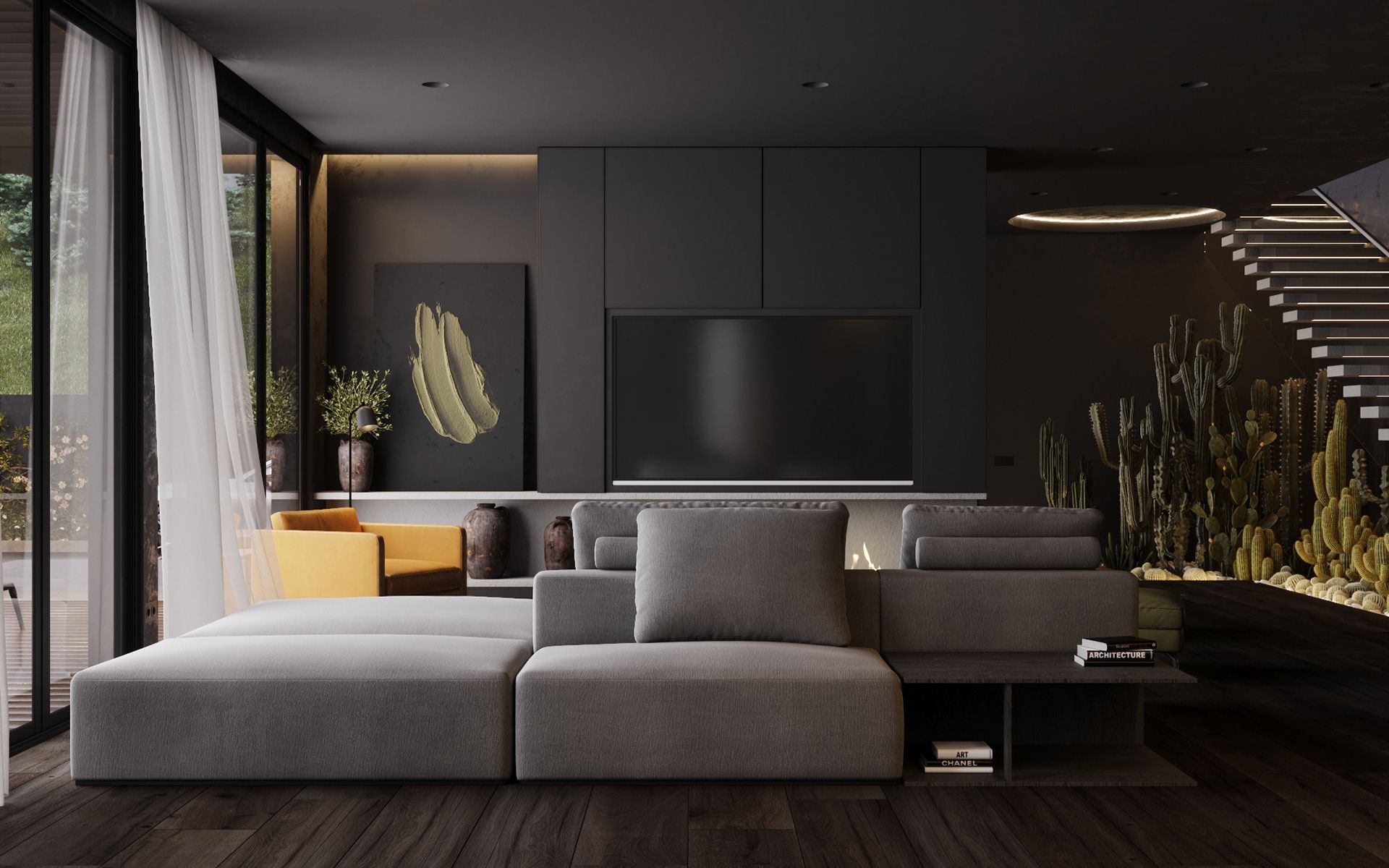 1920x1200 INTERIOR. Black modern house in