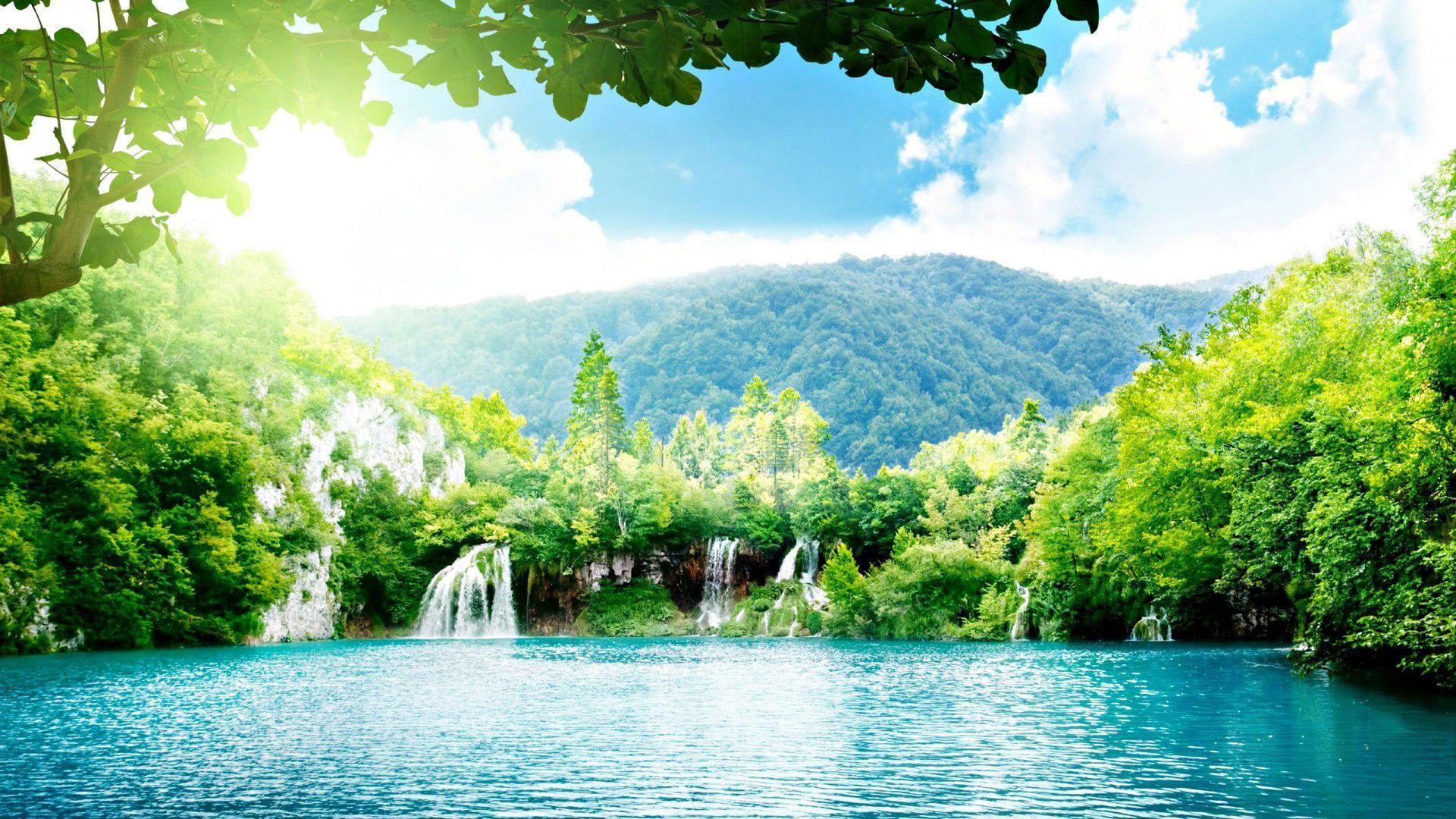 1920x1080 mountain lake sunshine waterfall. Wallpaper forest, lake