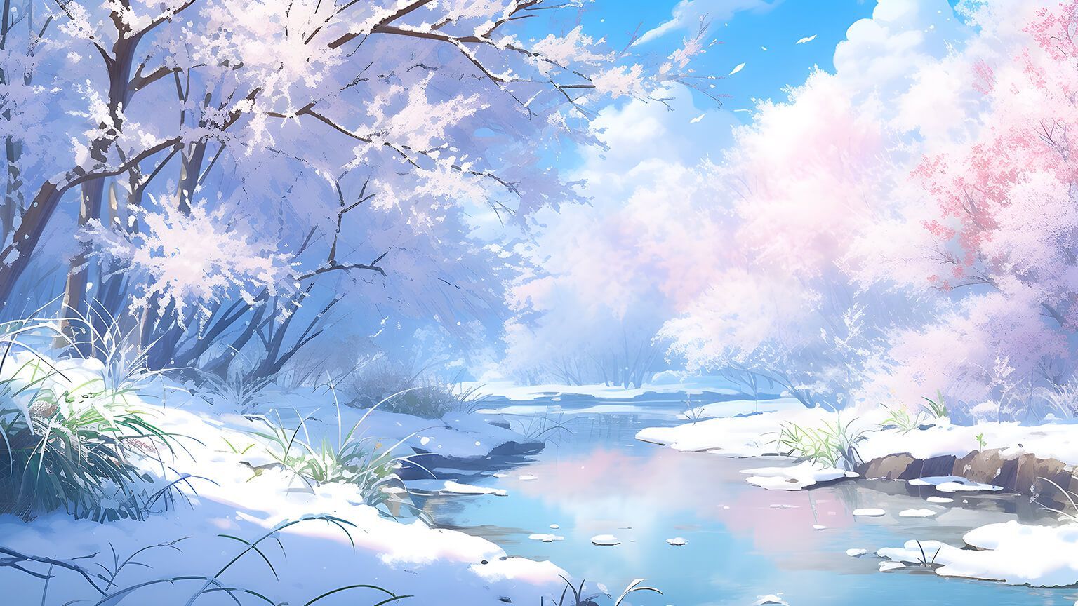 1536x864 Snow Covered Forest & River Desktop