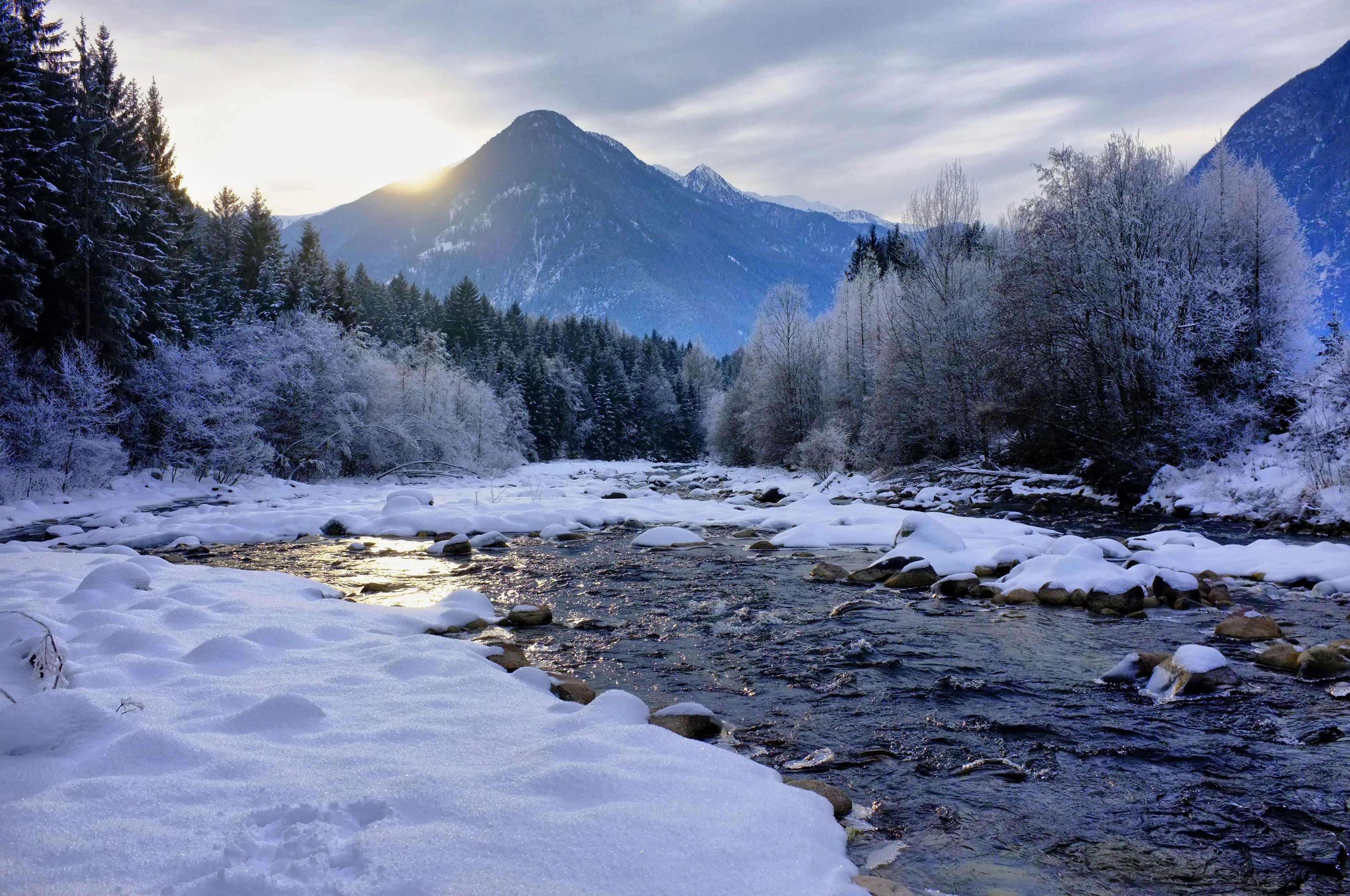 3456x2295 Winter Mountain And River Wallpaper