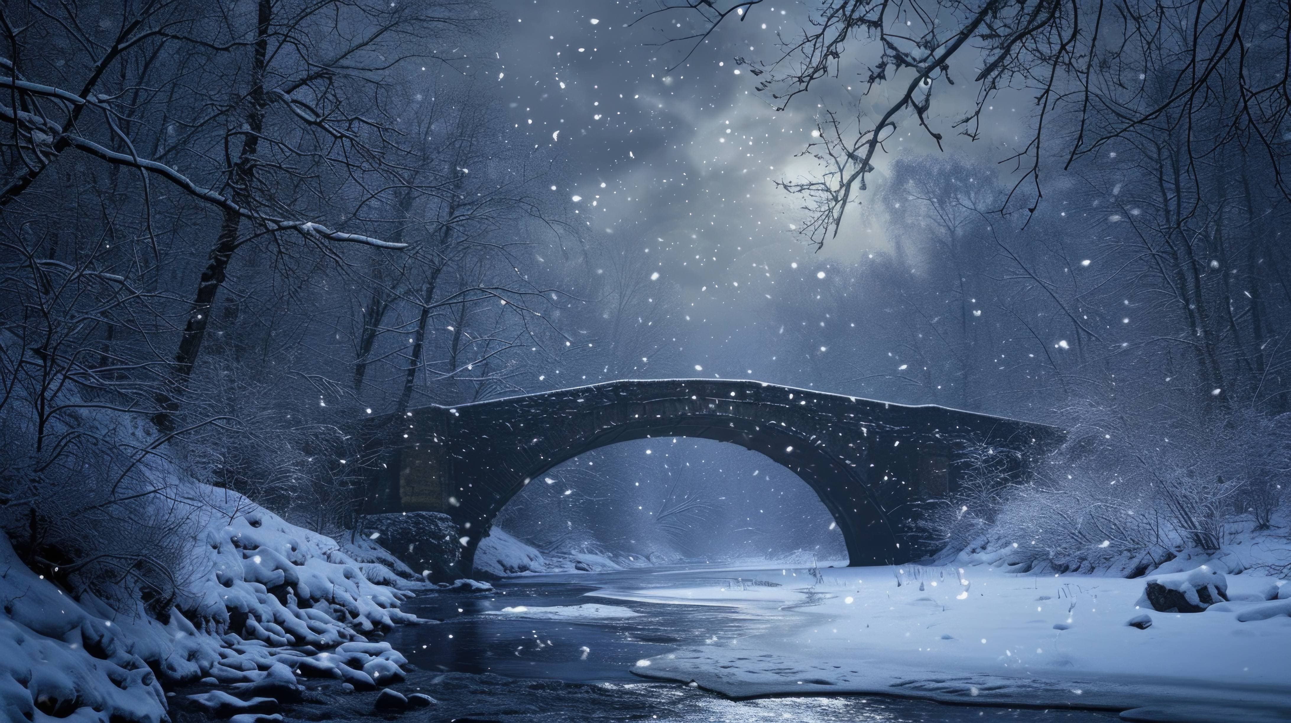 4368x2448 winter landscape, snowy bridge, frozen