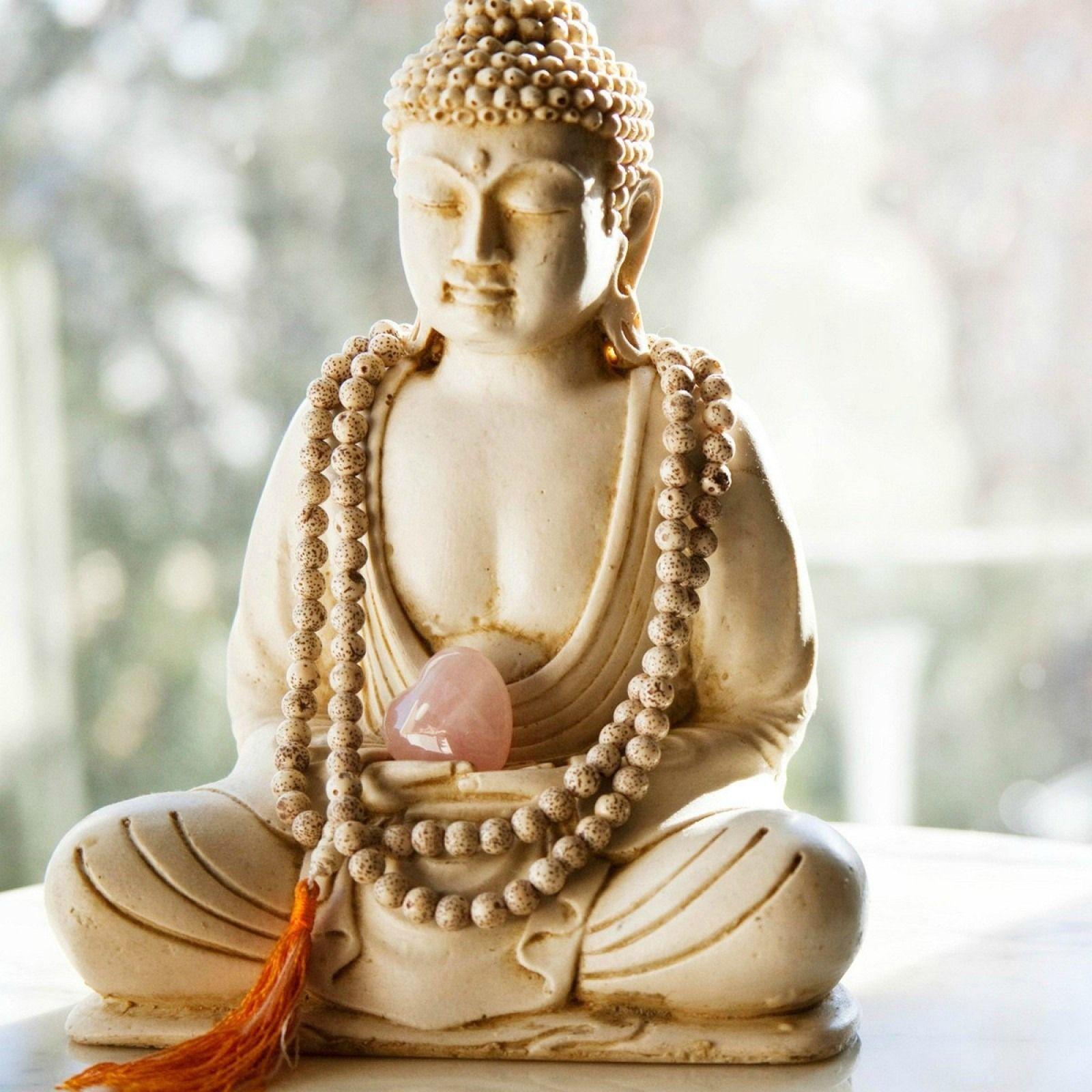 1600x1600 Statue of Buddha with mala beads and rose quartz heart. Meditation
