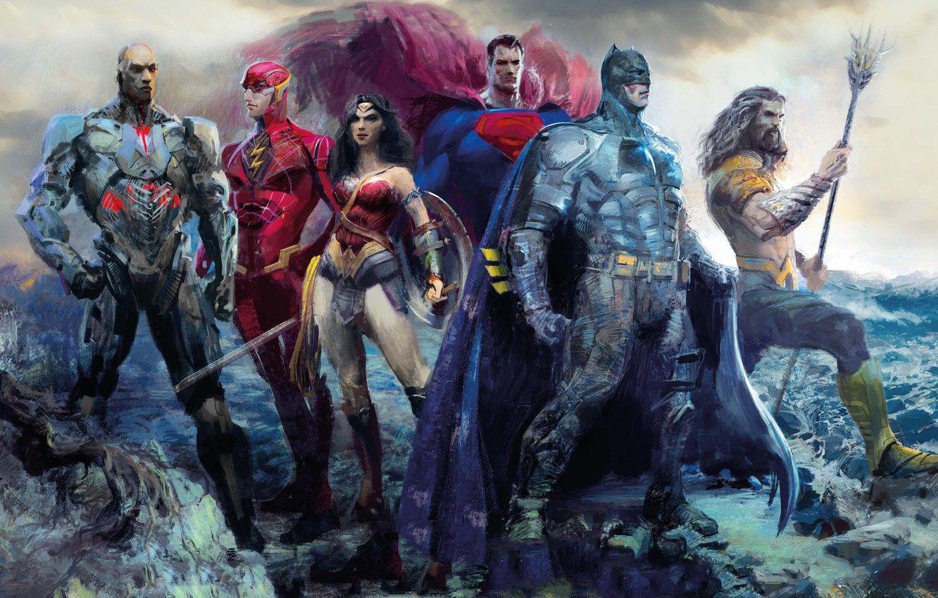 1332x850 Wallpaper fiction, figure, art, Wonder Woman, poster, Batman, characters, comic, Superman, superheroes, DC Comics, Cyborg, Aquaman, Justice League, The Flash, Justice League image for desktop, section фильмы