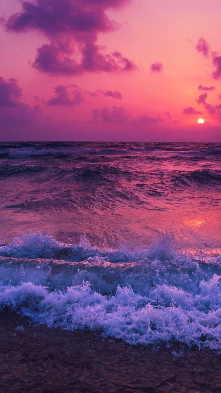 720x1280 Hoàng hôn hồng, sóng biển, bãi biển, hình nền 720x1280.  Thiên nhiên