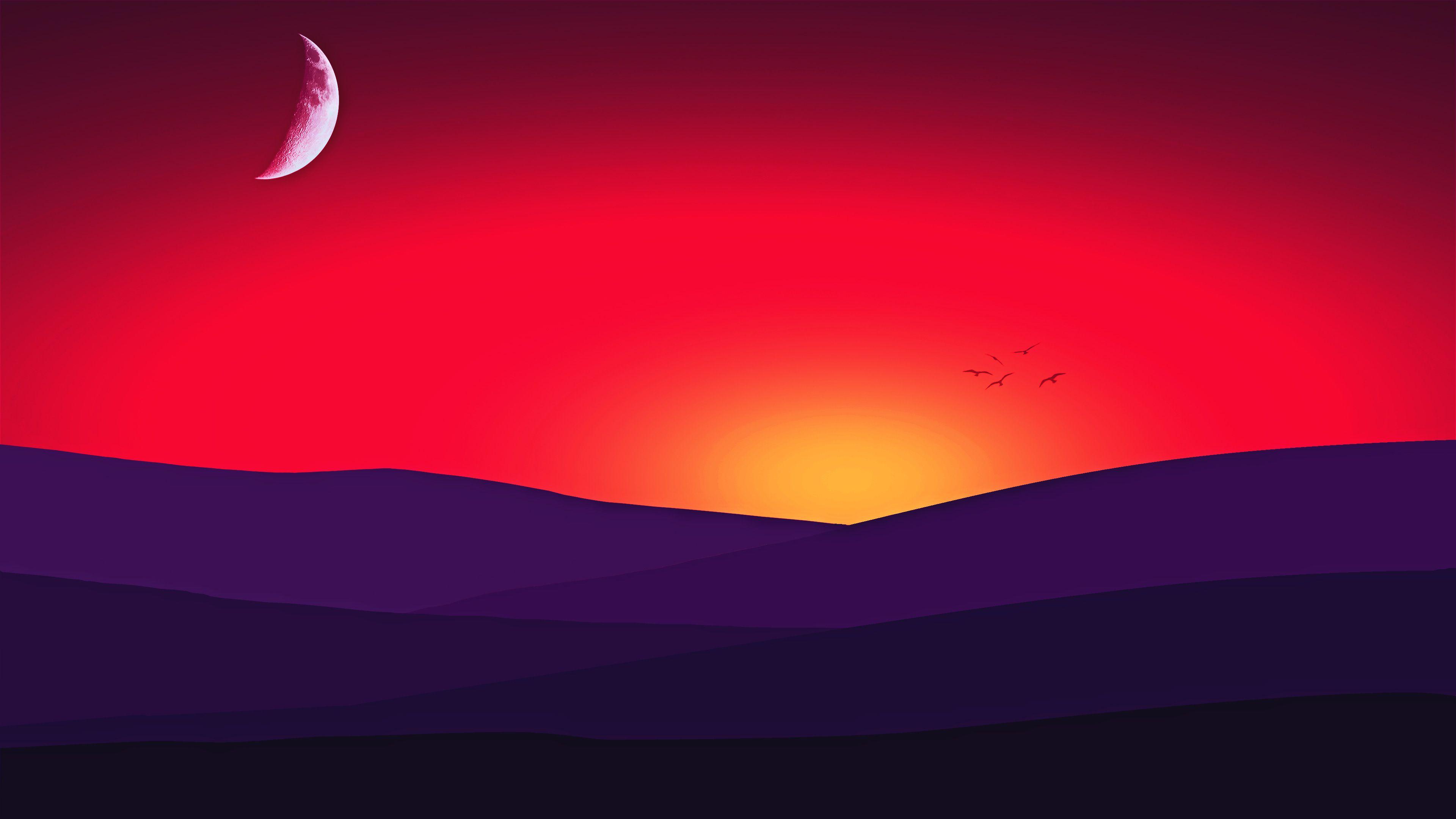 3840x2160 Red Mountains Sunset Birds, HD Artist, Hình nền 4k, Hình ảnh