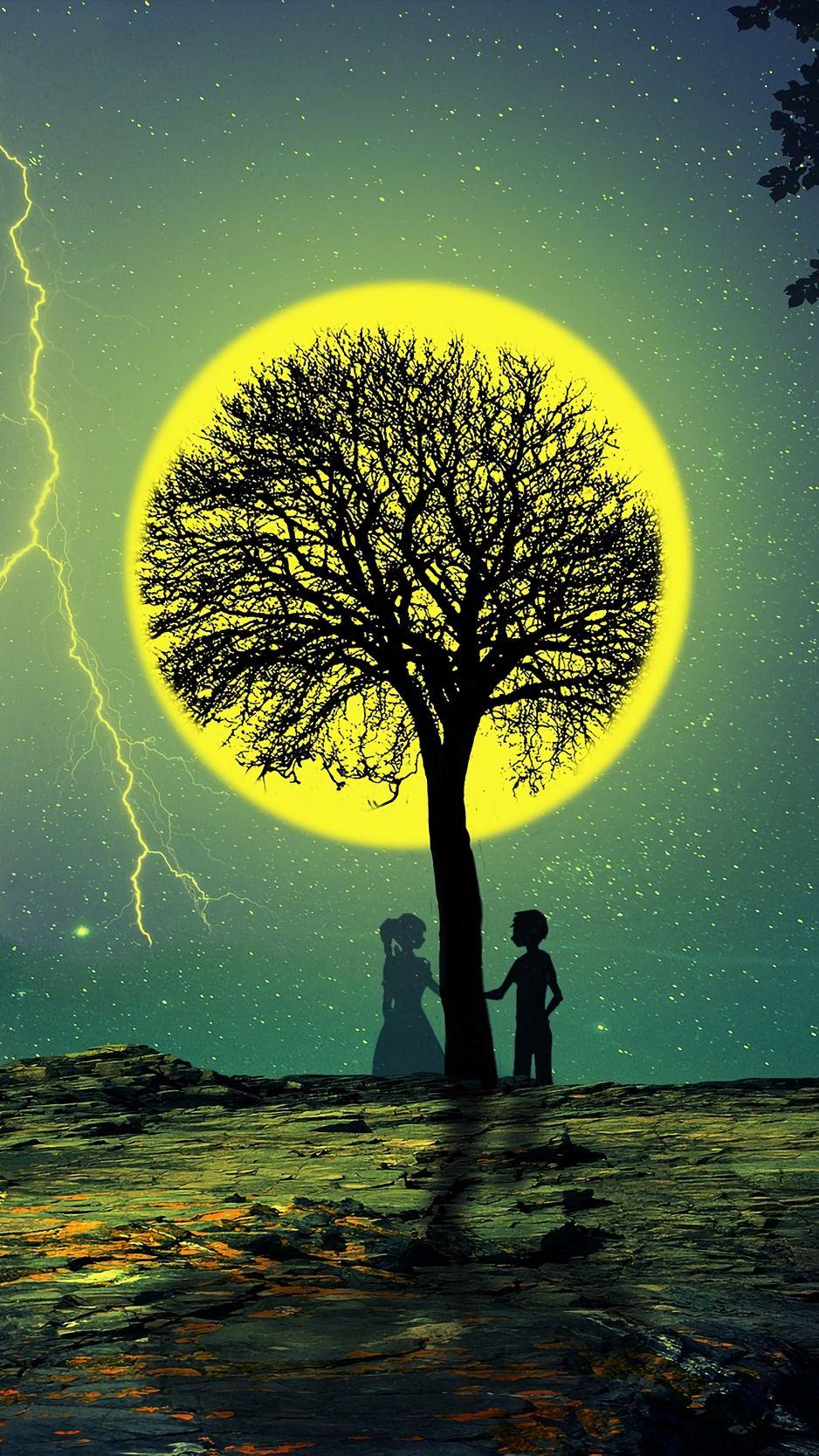 938x1668 Download wallpaper 938x1668 silhouettes, tree, love, couple