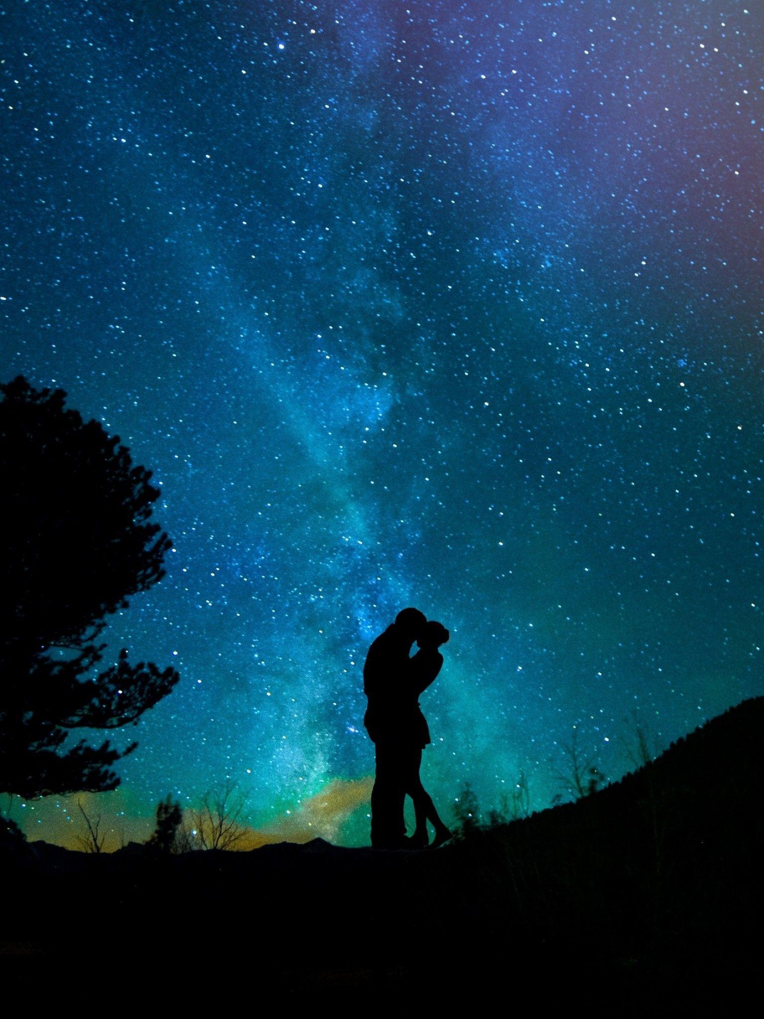 1536x2048 Wallpaper Couple, Romantic, Silhouette, Starry sky, Night